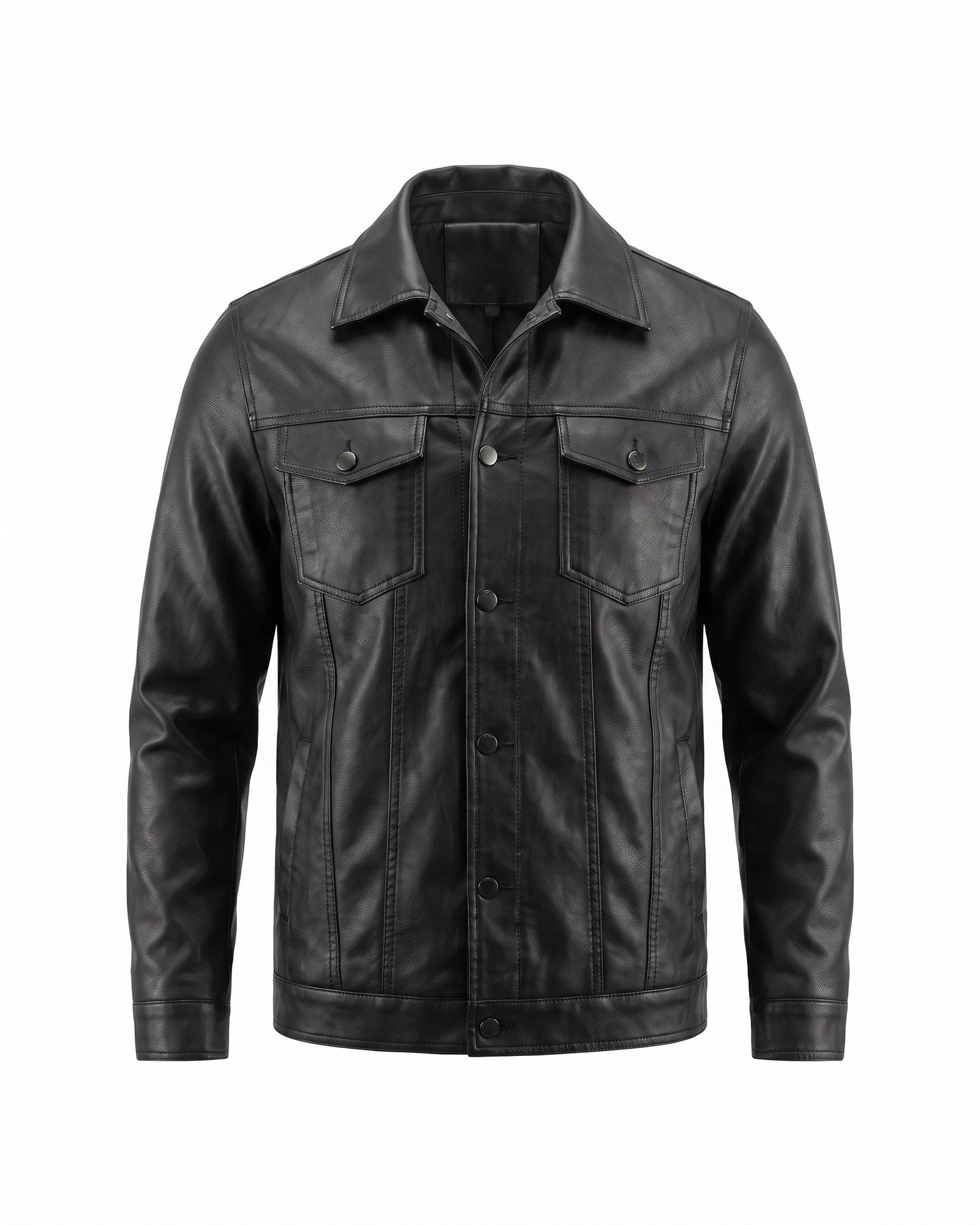 Chic Men's Faux Leather Trucker Jacket - Modern Casual Style - Black