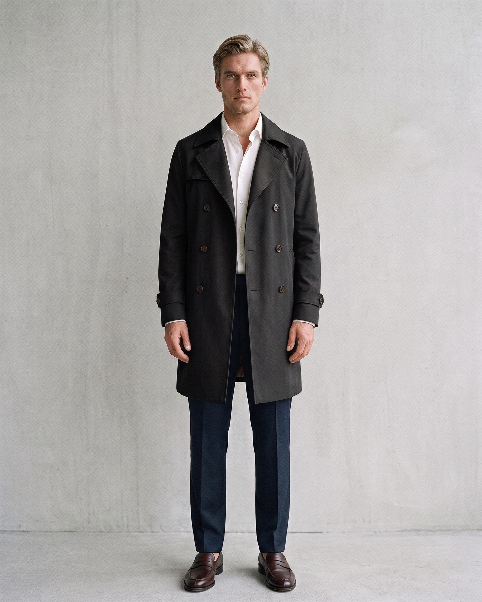 Classic Double-Breasted Trench Coat - Timeless Sophistication on model - Black