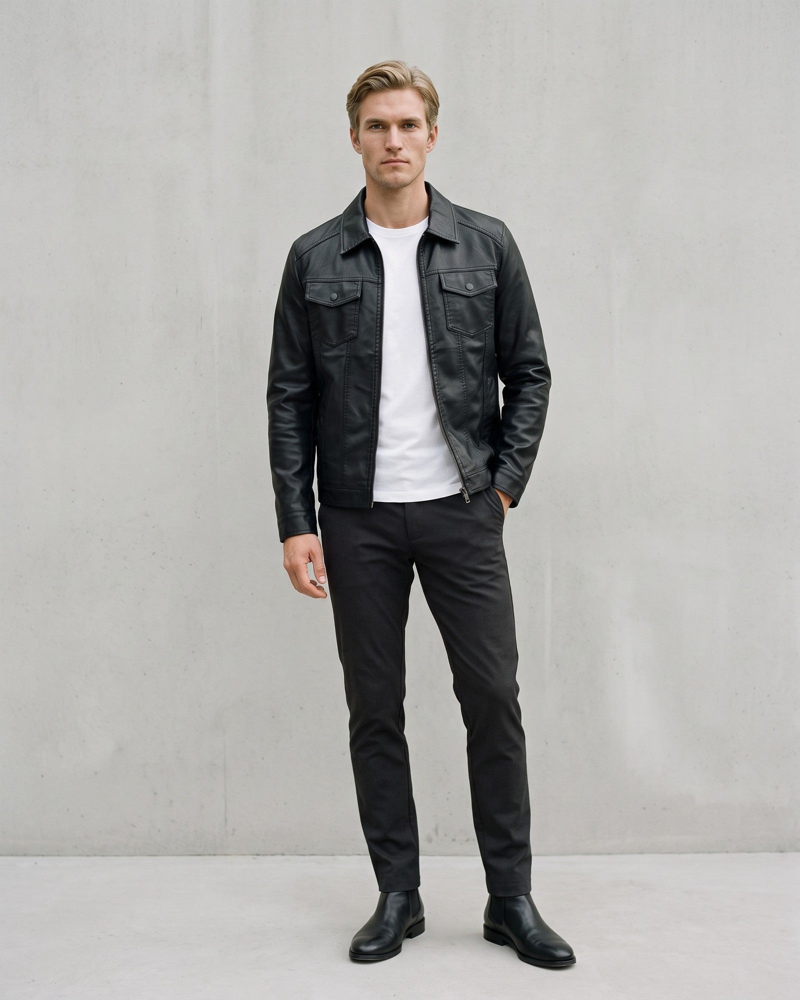 Chic Men's Faux Leather Trucker Jacket - Modern Casual Style on model - Black