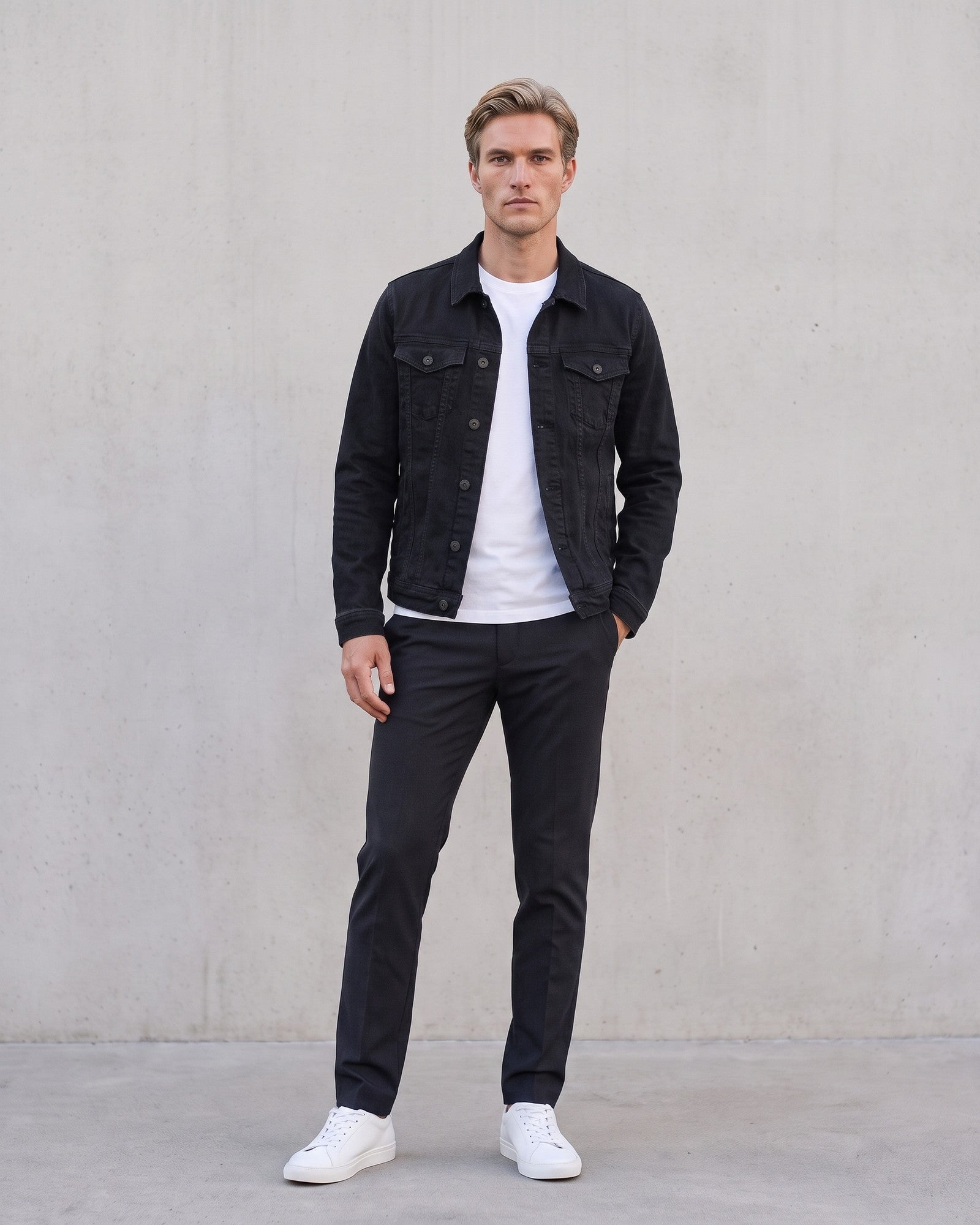 Men's Stylish Denim Jacket - Modern Urban Streetwear on model - Black