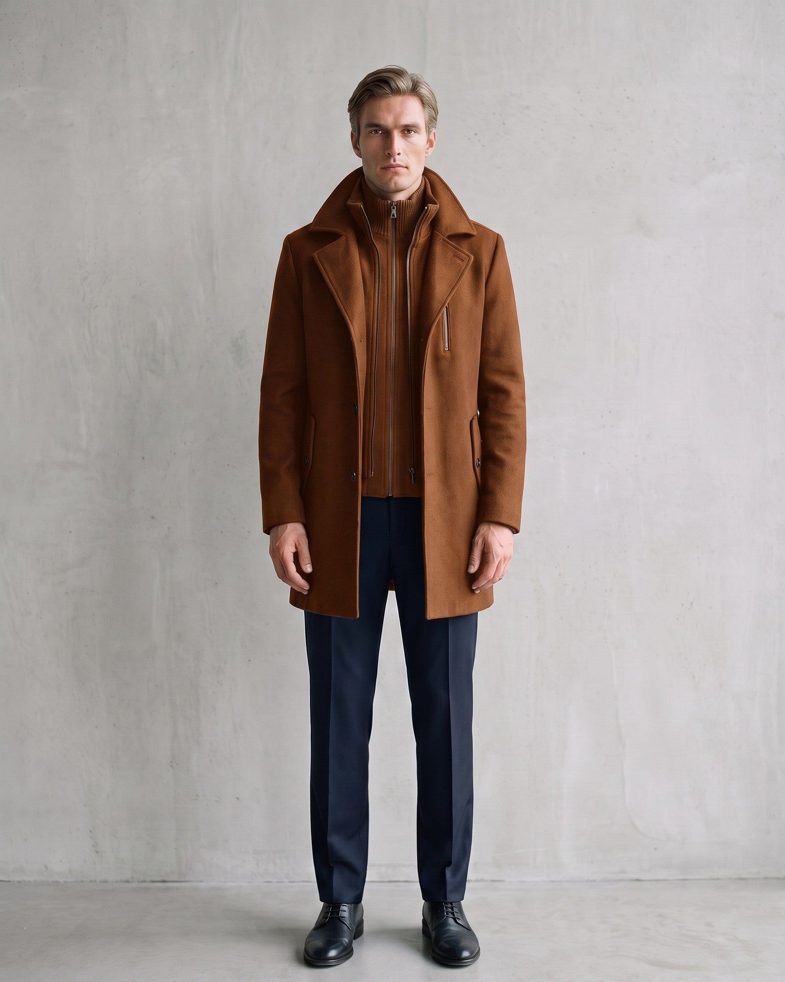 Elegant Men's Winter Coat with Zipper - Sophisticated Wool-Look Design on model - Brown