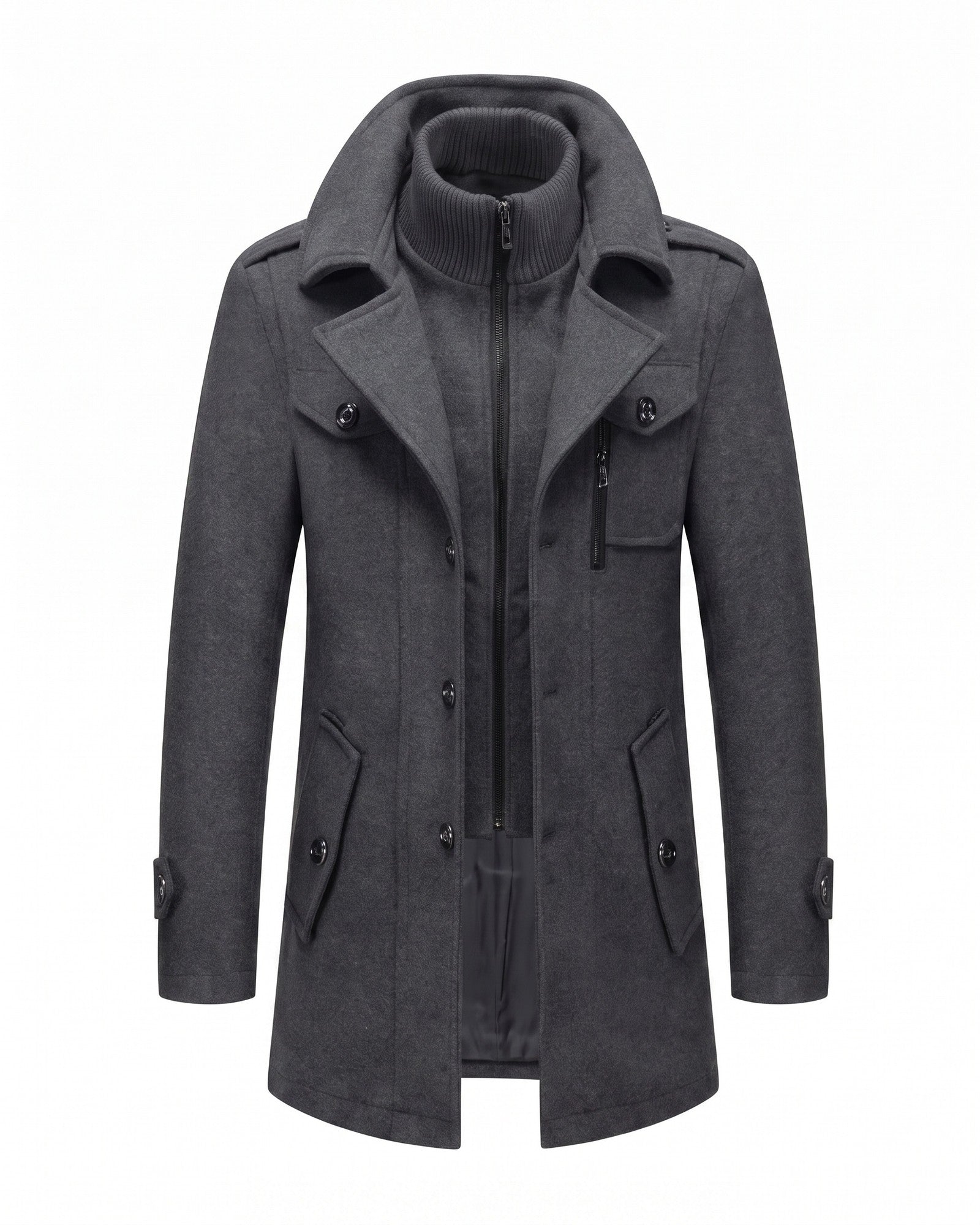 Elegant Men's Winter Coat with Zipper - Sophisticated Wool-Look Design - Gray