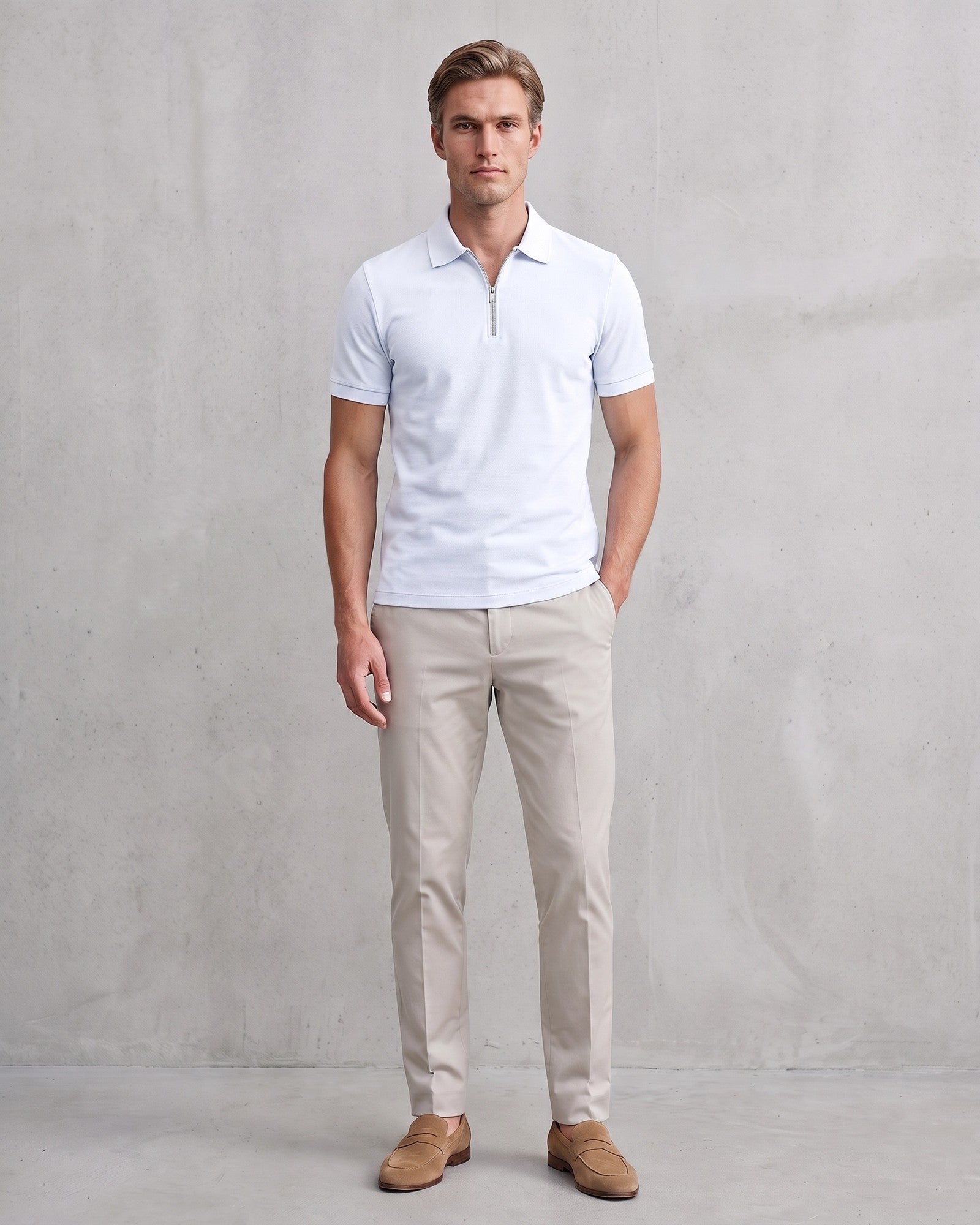 Modern Men's Zip-Up Polo Shirt - Stylish & Breathable Design on model - White