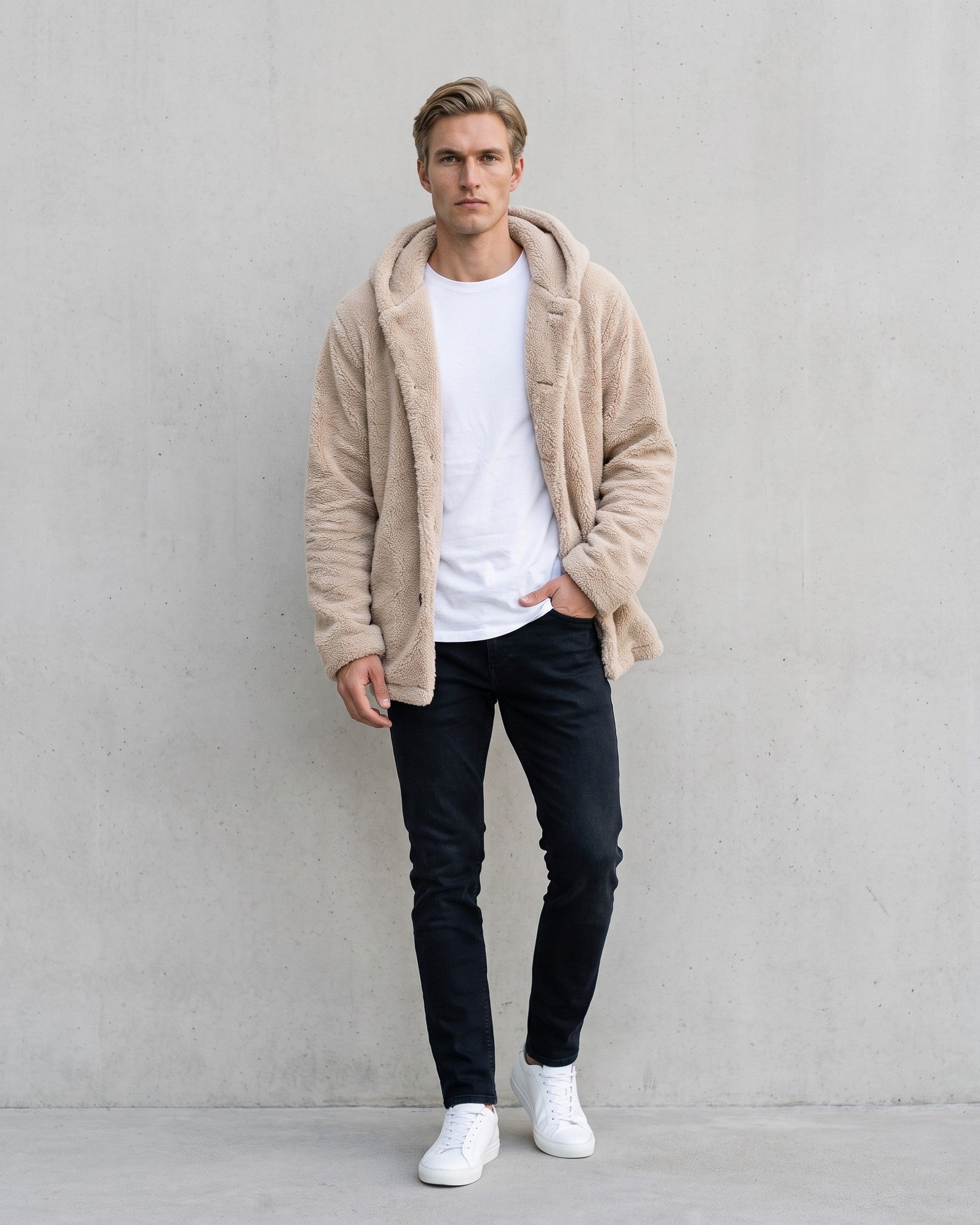 Stylish Men's Hooded Fleece Jacket - Versatile Layering Essential on model - Beige