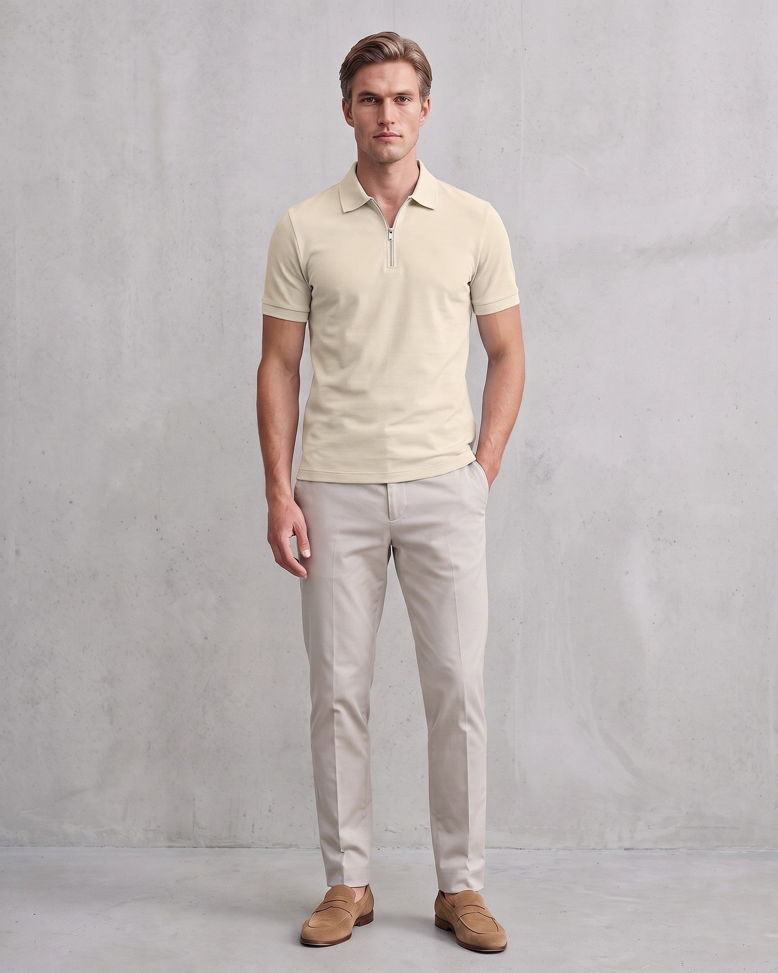 Modern Men's Zip-Up Polo Shirt - Stylish & Breathable Design on model - Beige