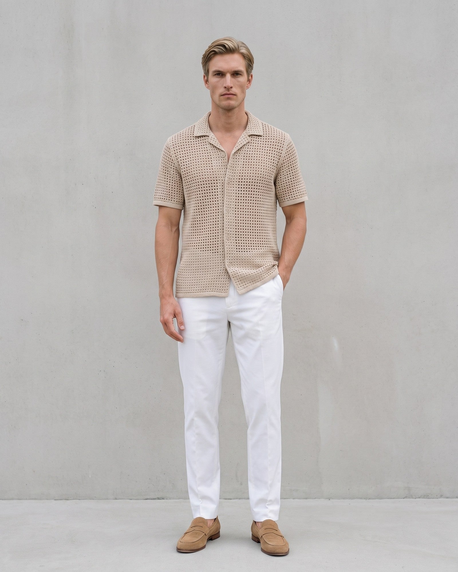 Men's Smart-Casual Summer Shirt on model - Beige