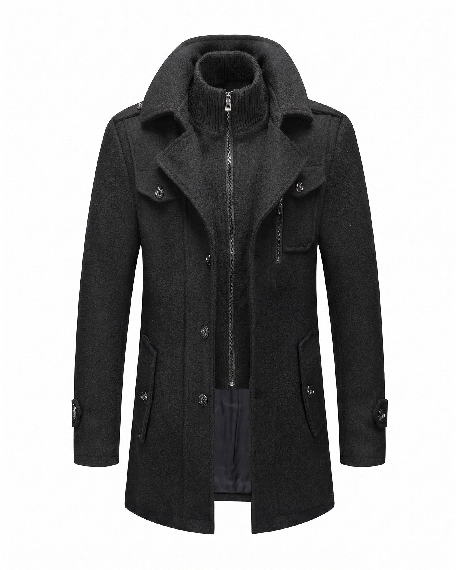 Elegant Men's Winter Coat with Zipper - Sophisticated Wool-Look Design - Black
