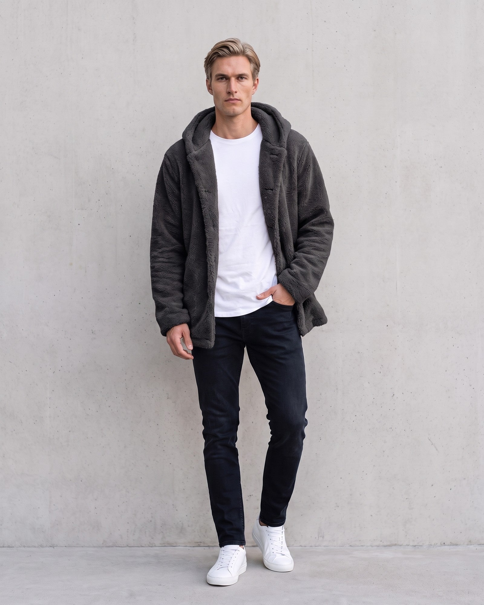 Stylish Men's Hooded Fleece Jacket - Versatile Layering Essential on model - Black