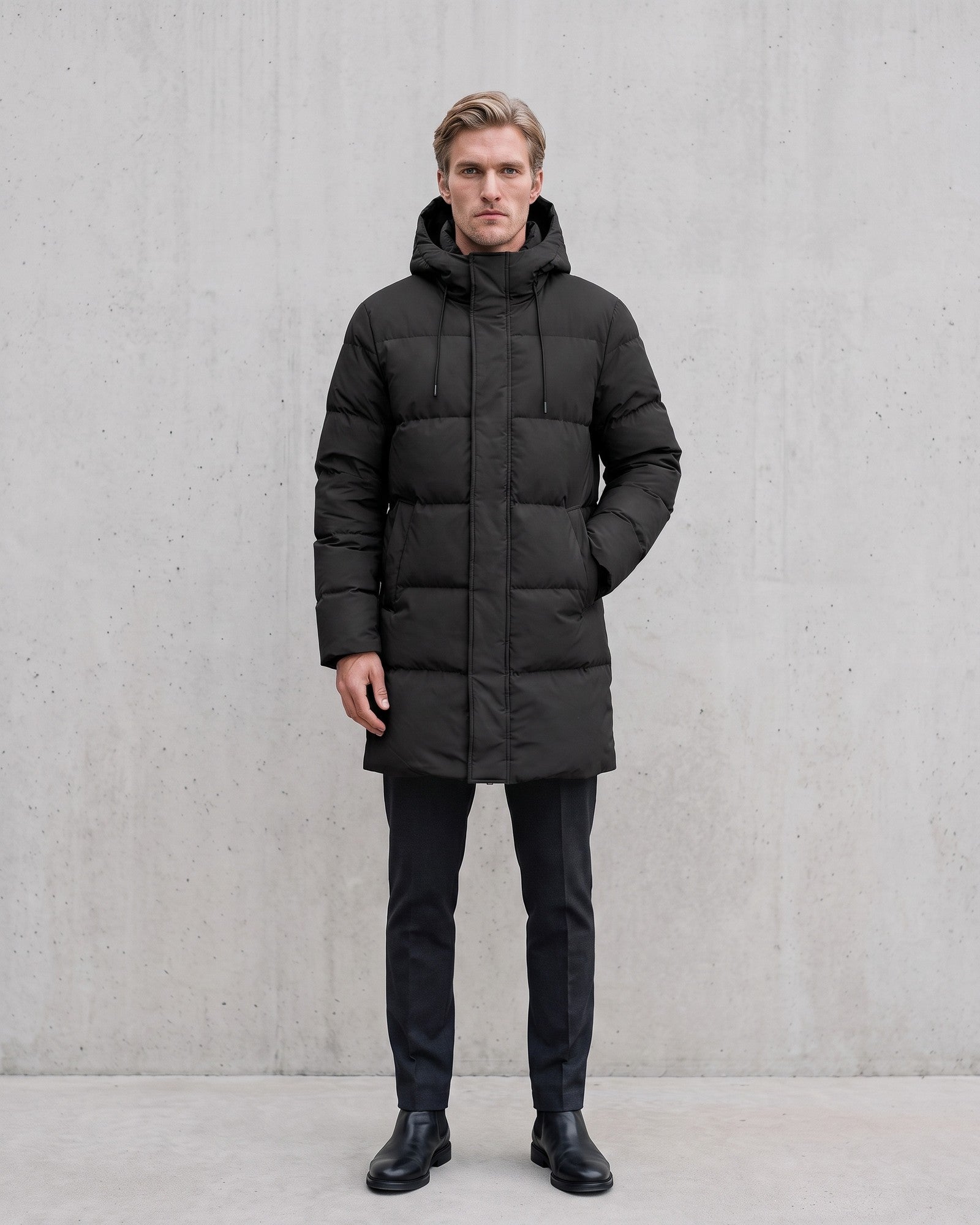 Men's Stylish Long Padded Puffer Coat on model - Black