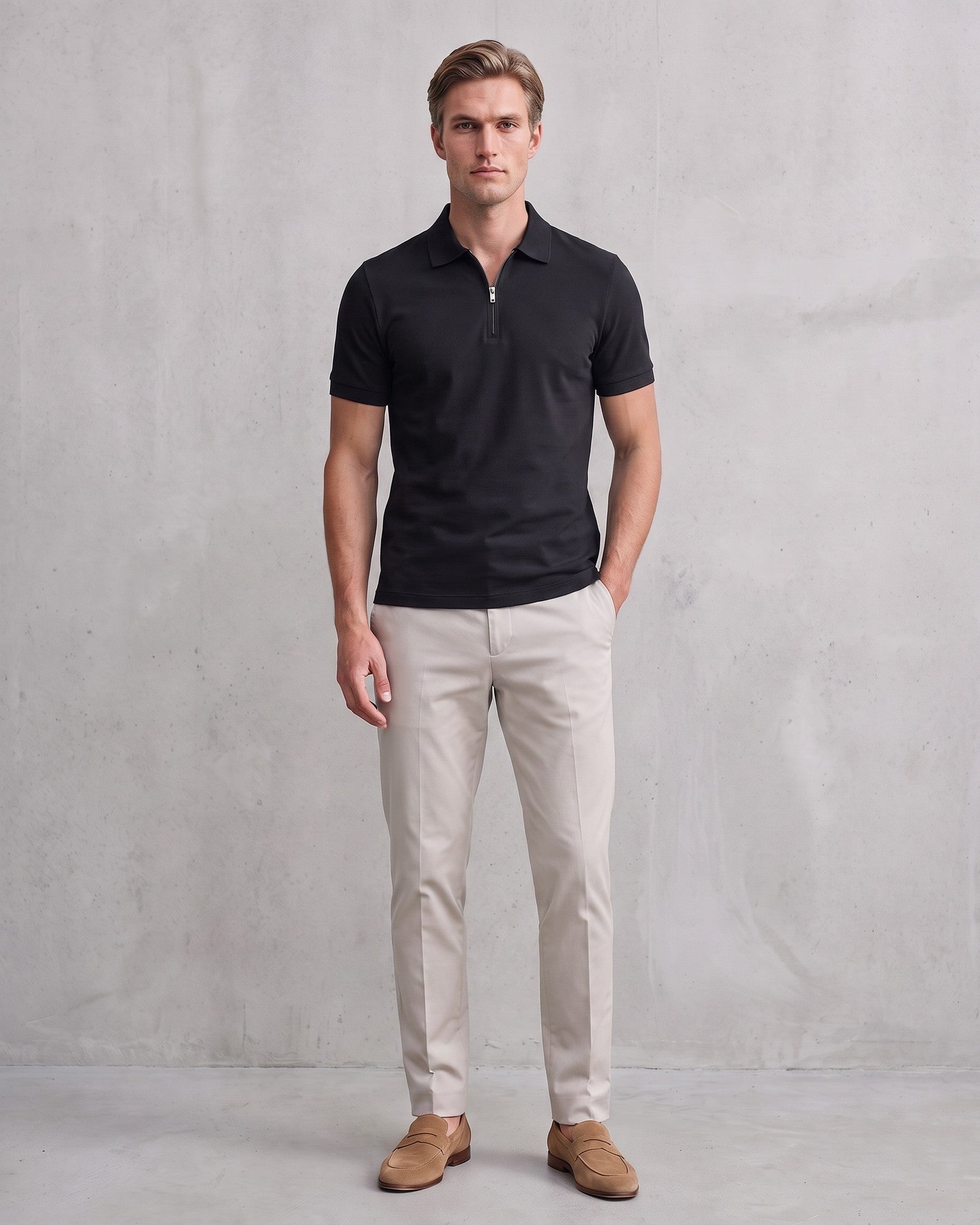 Modern Men's Zip-Up Polo Shirt - Stylish & Breathable Design on model - Black