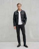 Chic Men's Faux Leather Trucker Jacket - Modern Casual Style on model - Black