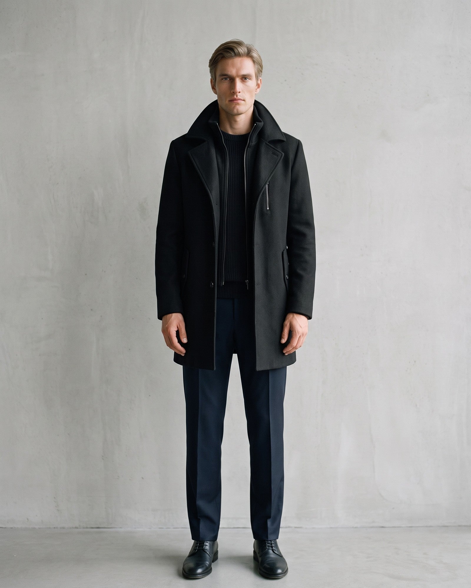 Elegant Men's Winter Coat with Zipper - Sophisticated Wool-Look Design on model - Black
