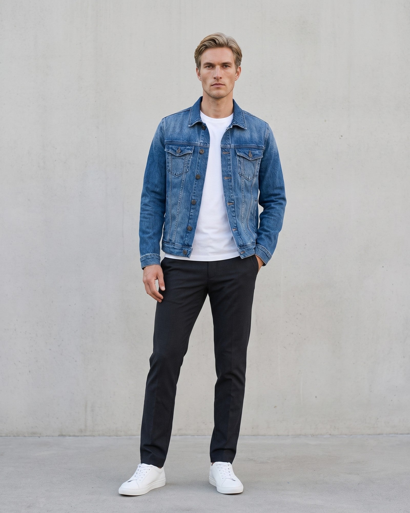 Men's Stylish Denim Jacket - Modern Urban Streetwear on model - Blue