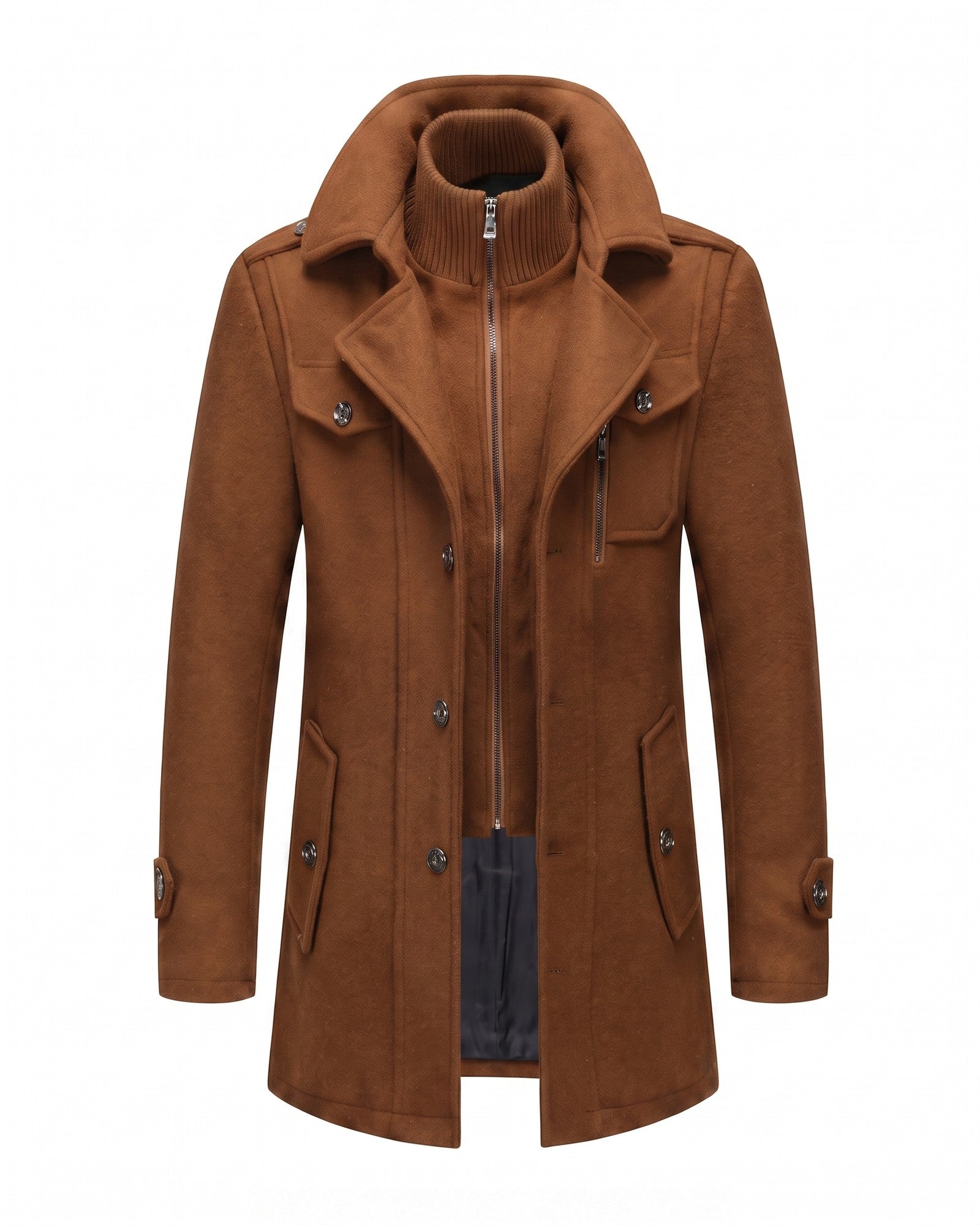 Elegant Men's Winter Coat with Zipper - Sophisticated Wool-Look Design - Brown