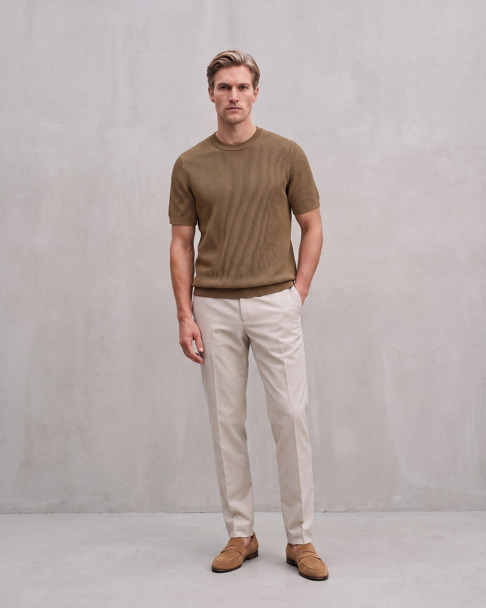 Men's Textured Knit T-Shirt on model - Brown