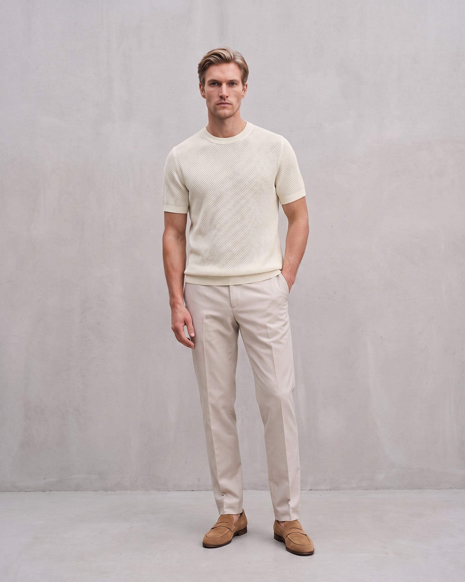 Men's Textured Knit T-Shirt on model - Cream