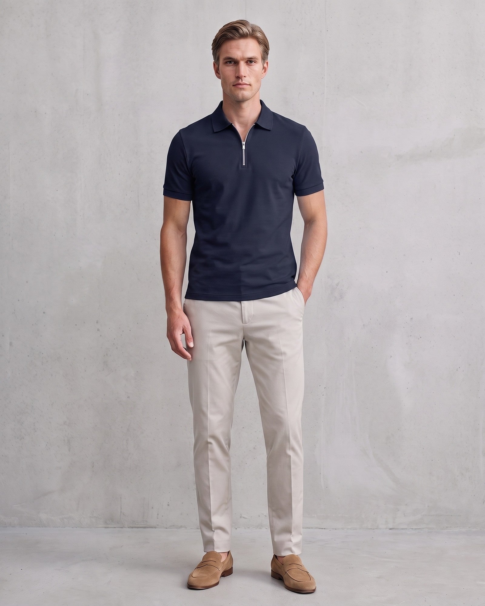 Modern Men's Zip-Up Polo Shirt - Stylish & Breathable Design on model - Dark Blue