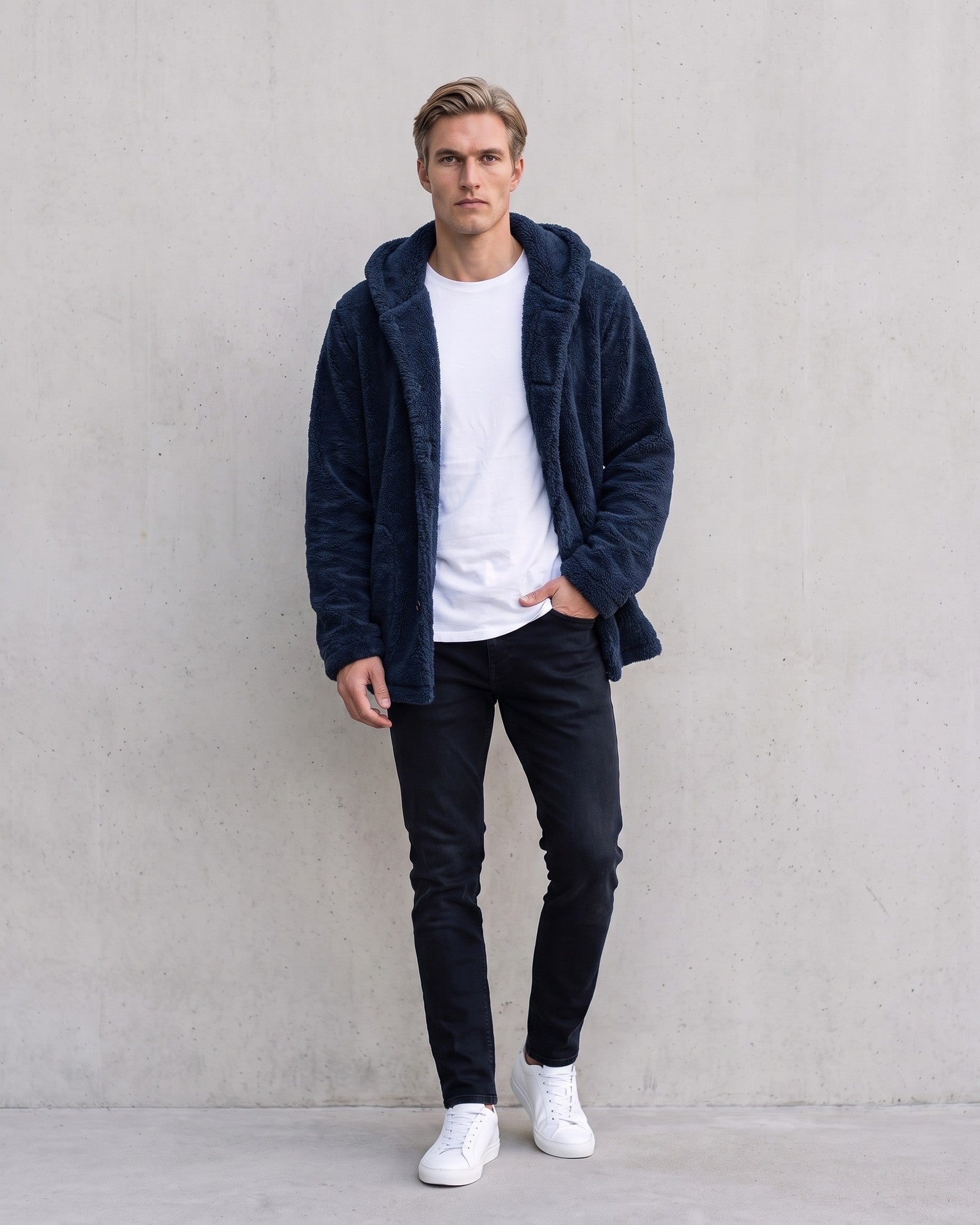 Stylish Men's Hooded Fleece Jacket - Versatile Layering Essential on model - Dark Blue