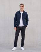 Men's Stylish Denim Jacket - Modern Urban Streetwear on model - Dark Blue