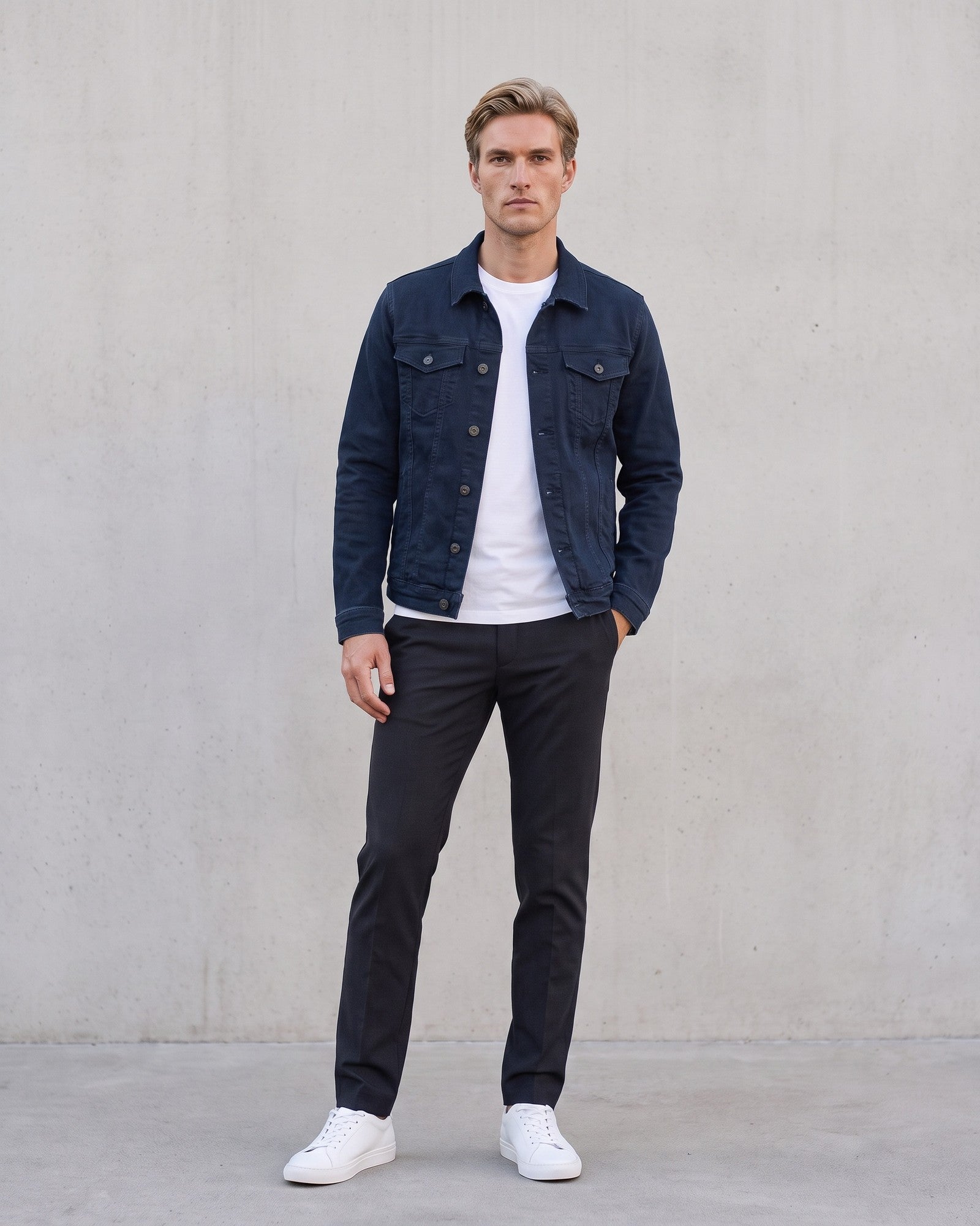 Men's Stylish Denim Jacket - Modern Urban Streetwear on model - Dark Blue