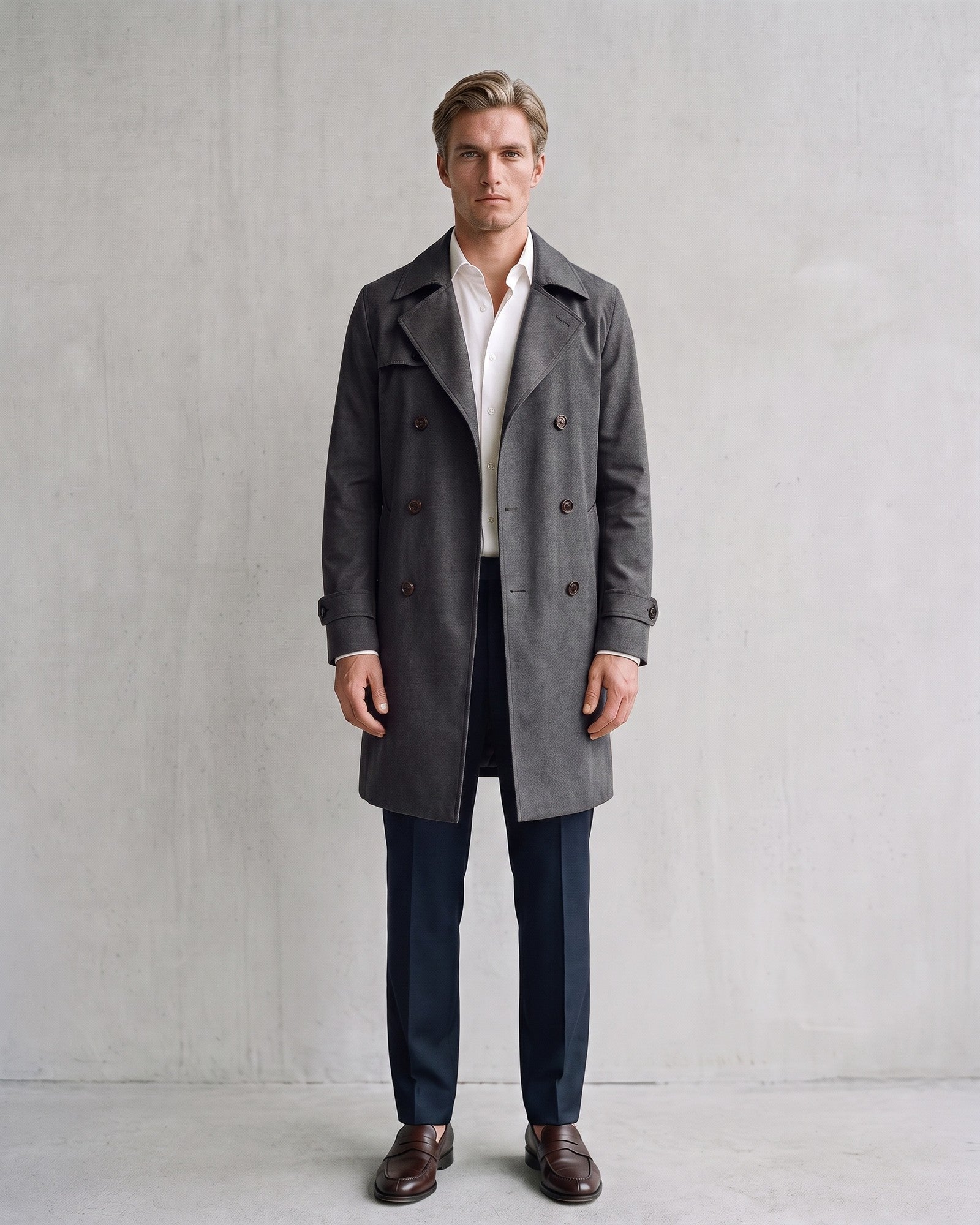 Classic Double-Breasted Trench Coat - Timeless Sophistication on model - Gray