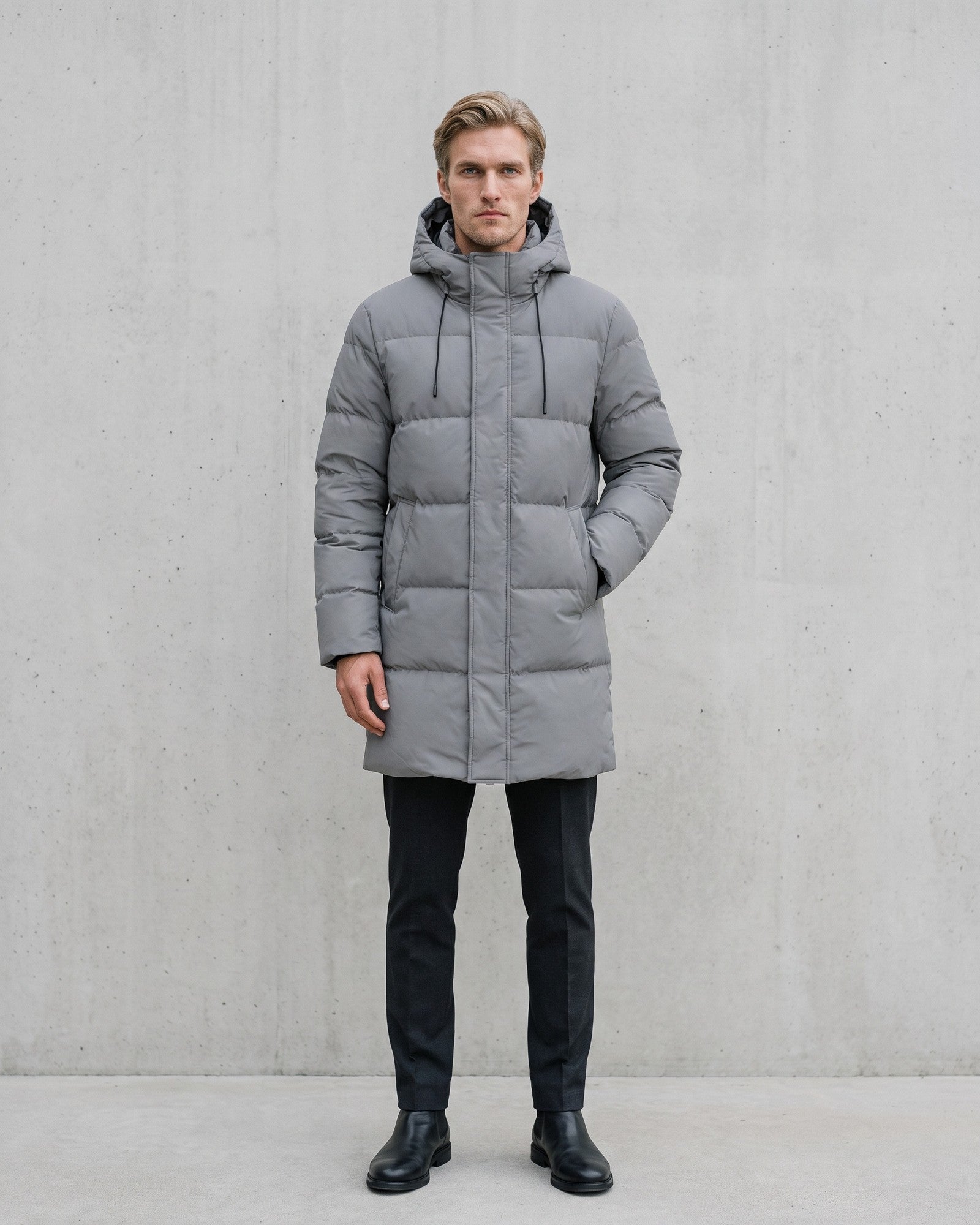 Men's Stylish Long Padded Puffer Coat on model - Gray