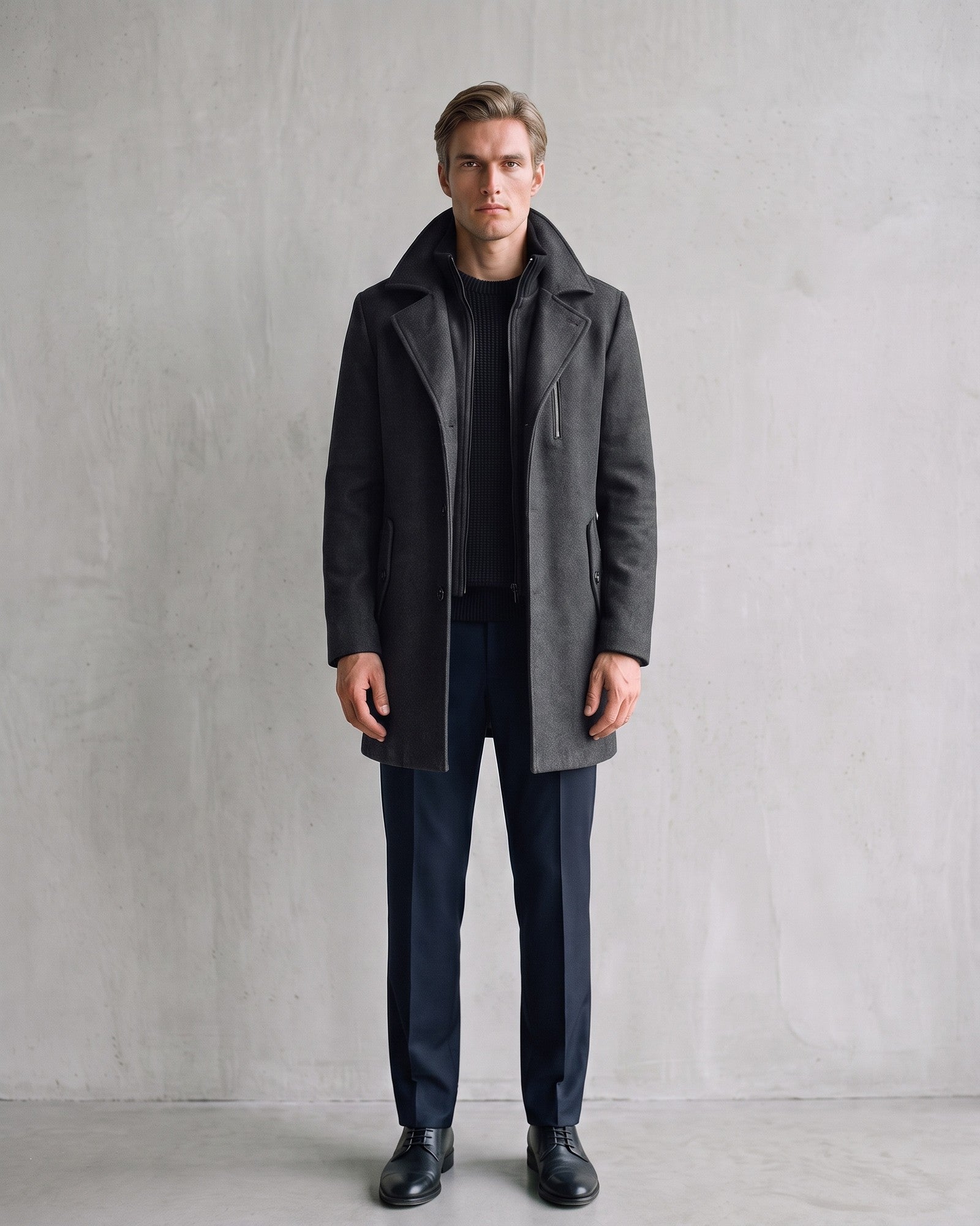 Elegant Men's Winter Coat with Zipper - Sophisticated Wool-Look Design on model - Gray