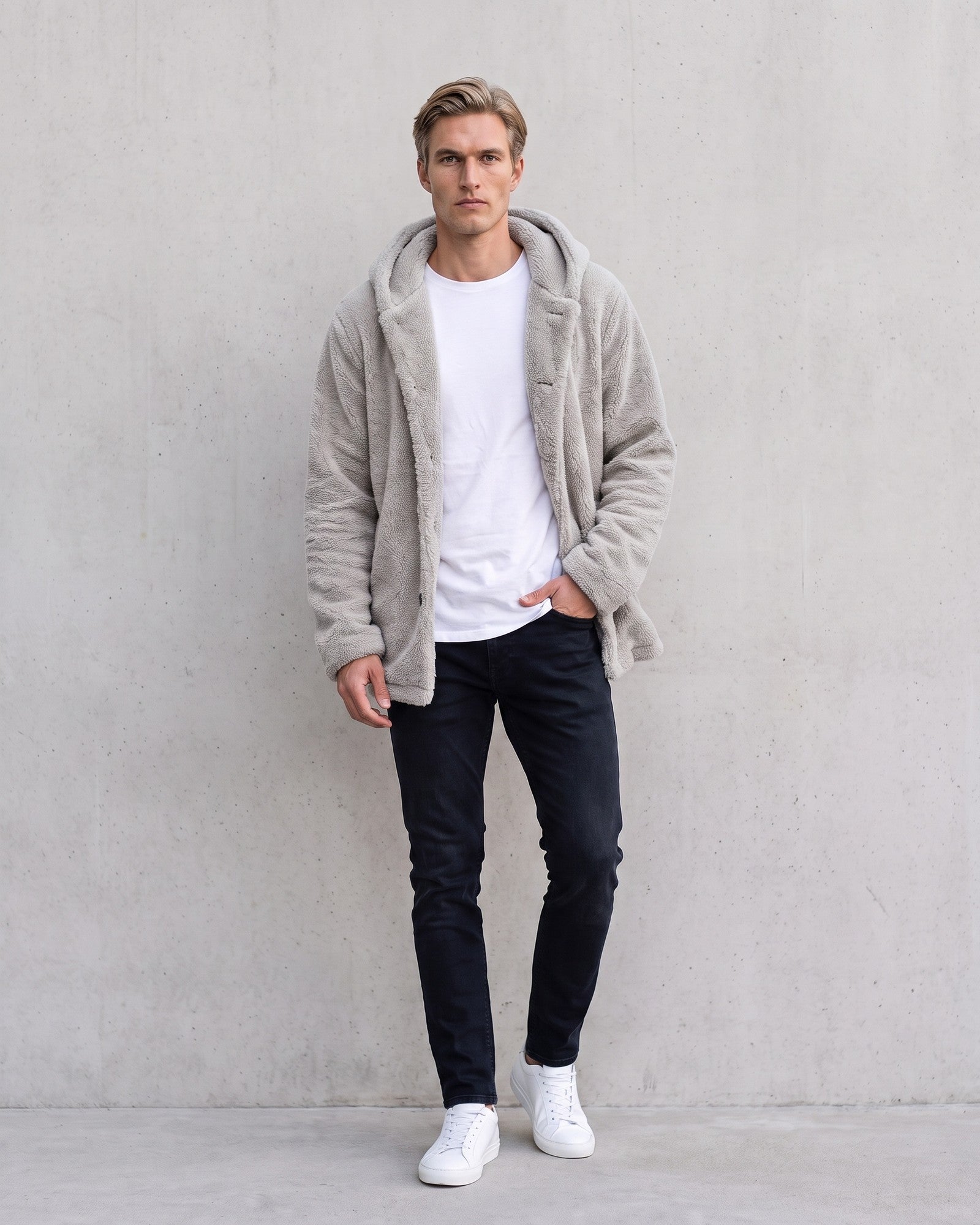 Stylish Men's Hooded Fleece Jacket - Versatile Layering Essential on model - Gray