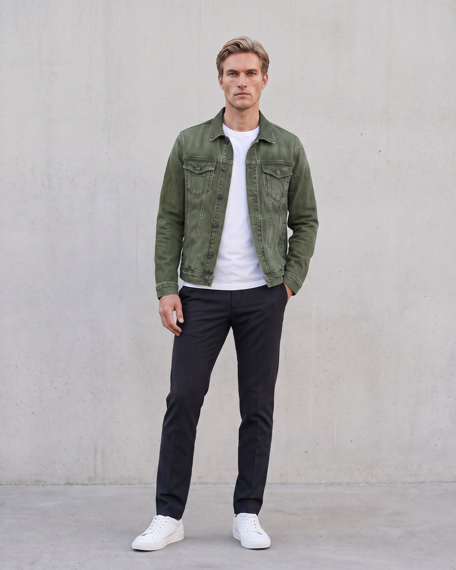 Men's Stylish Denim Jacket - Modern Urban Streetwear on model - Green