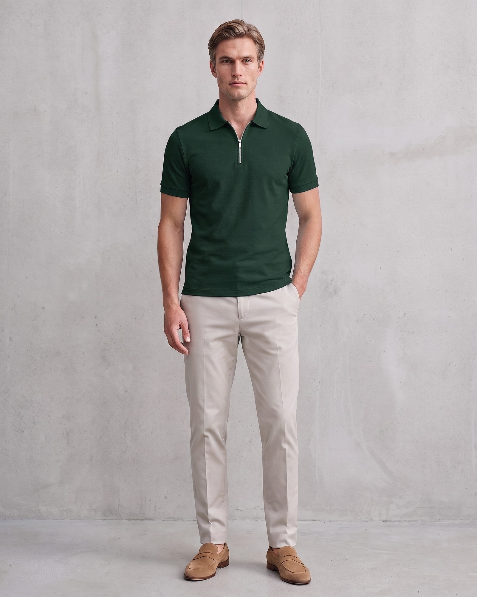 Modern Men's Zip-Up Polo Shirt - Stylish & Breathable Design on model - Green