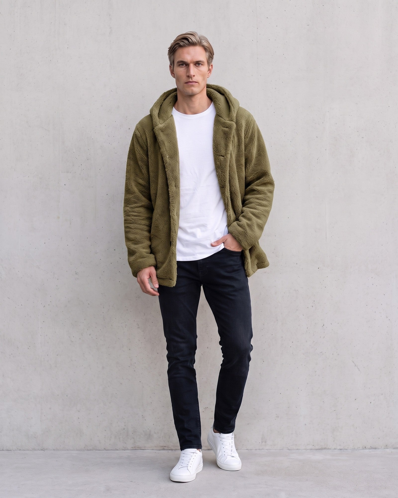 Stylish Men's Hooded Fleece Jacket - Versatile Layering Essential on model - Green