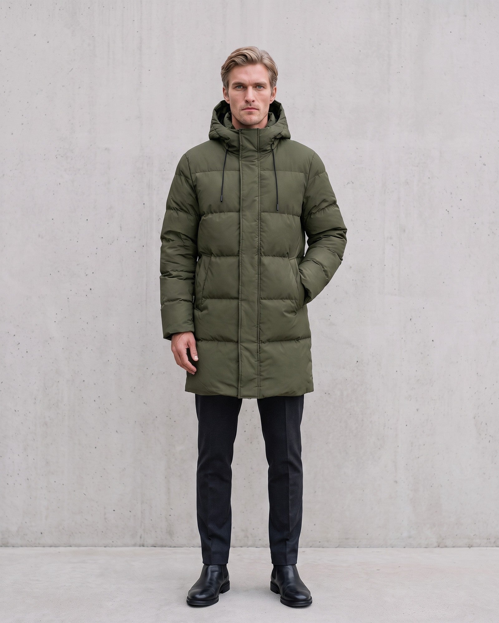 Men's Stylish Long Padded Puffer Coat on model - Green