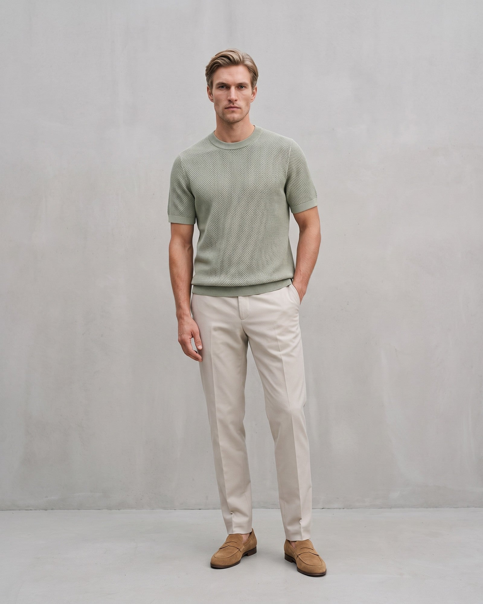 Men's Textured Knit T-Shirt on model - Green