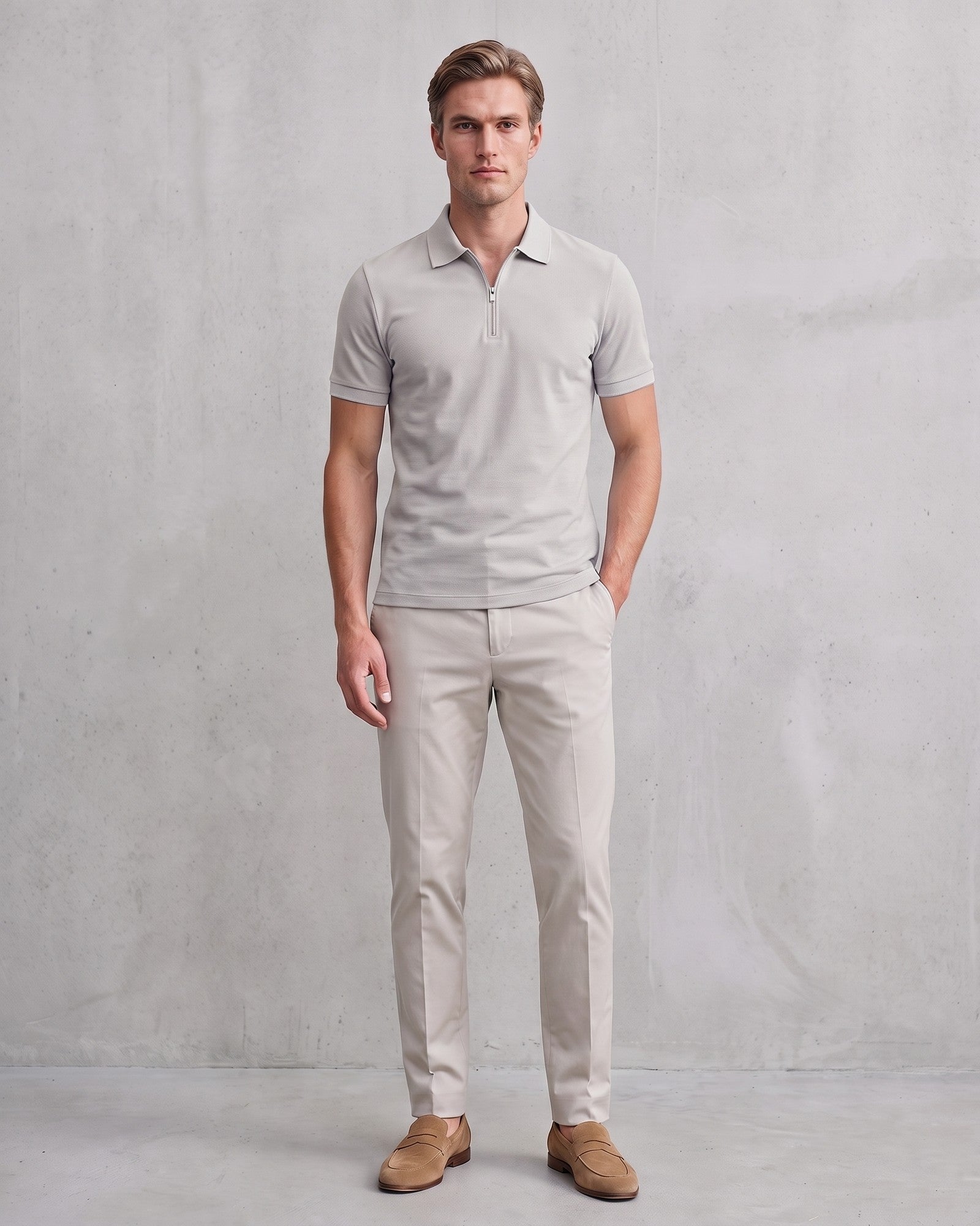 Modern Men's Zip-Up Polo Shirt - Stylish & Breathable Design on model - Grey