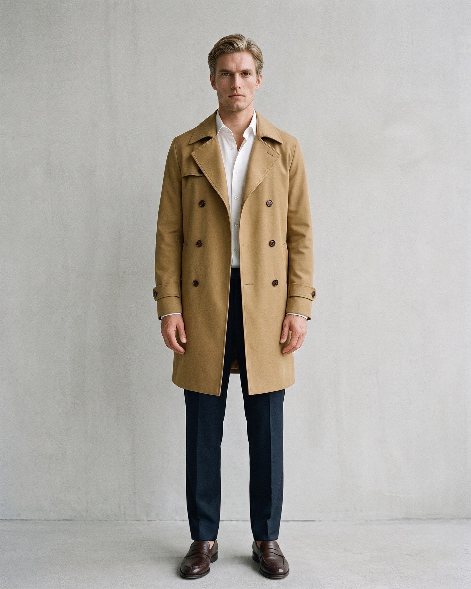 Classic Double-Breasted Trench Coat - Timeless Sophistication on model - Khaki