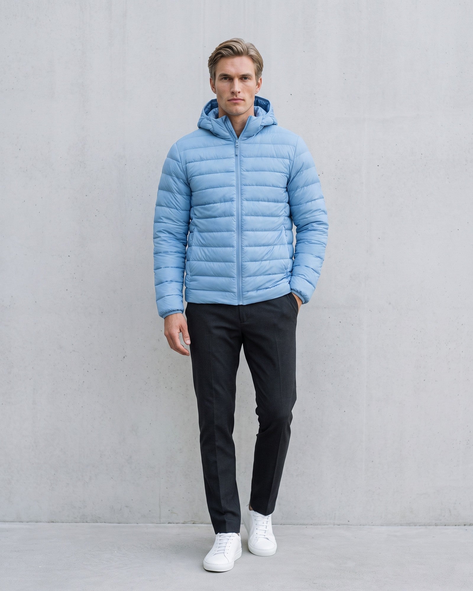 Men's Stylish Padded Puffer Jacket Ultimate Warmth on model - Light Blue