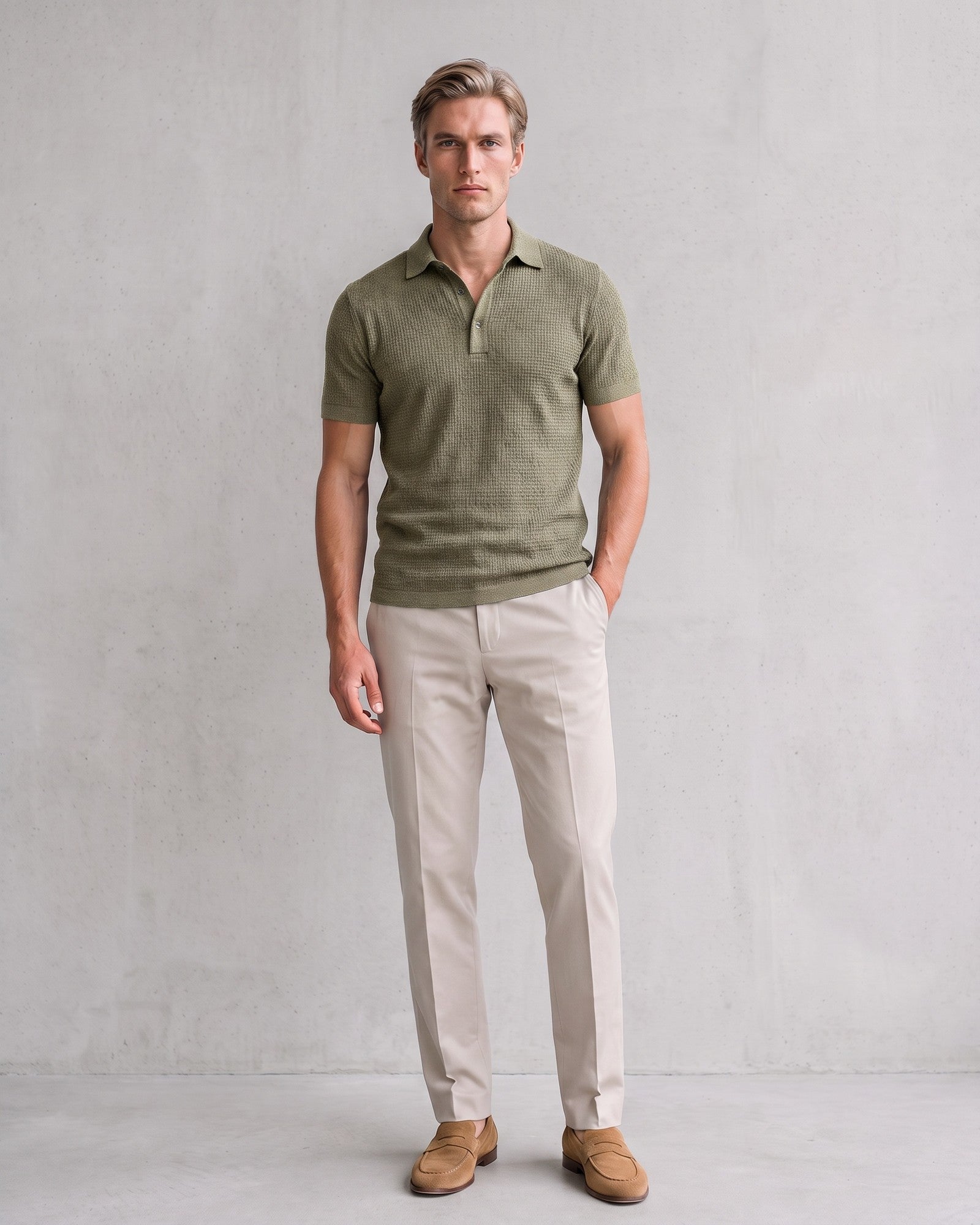 Men's Breathable Polo Shirt on model - Olive Green