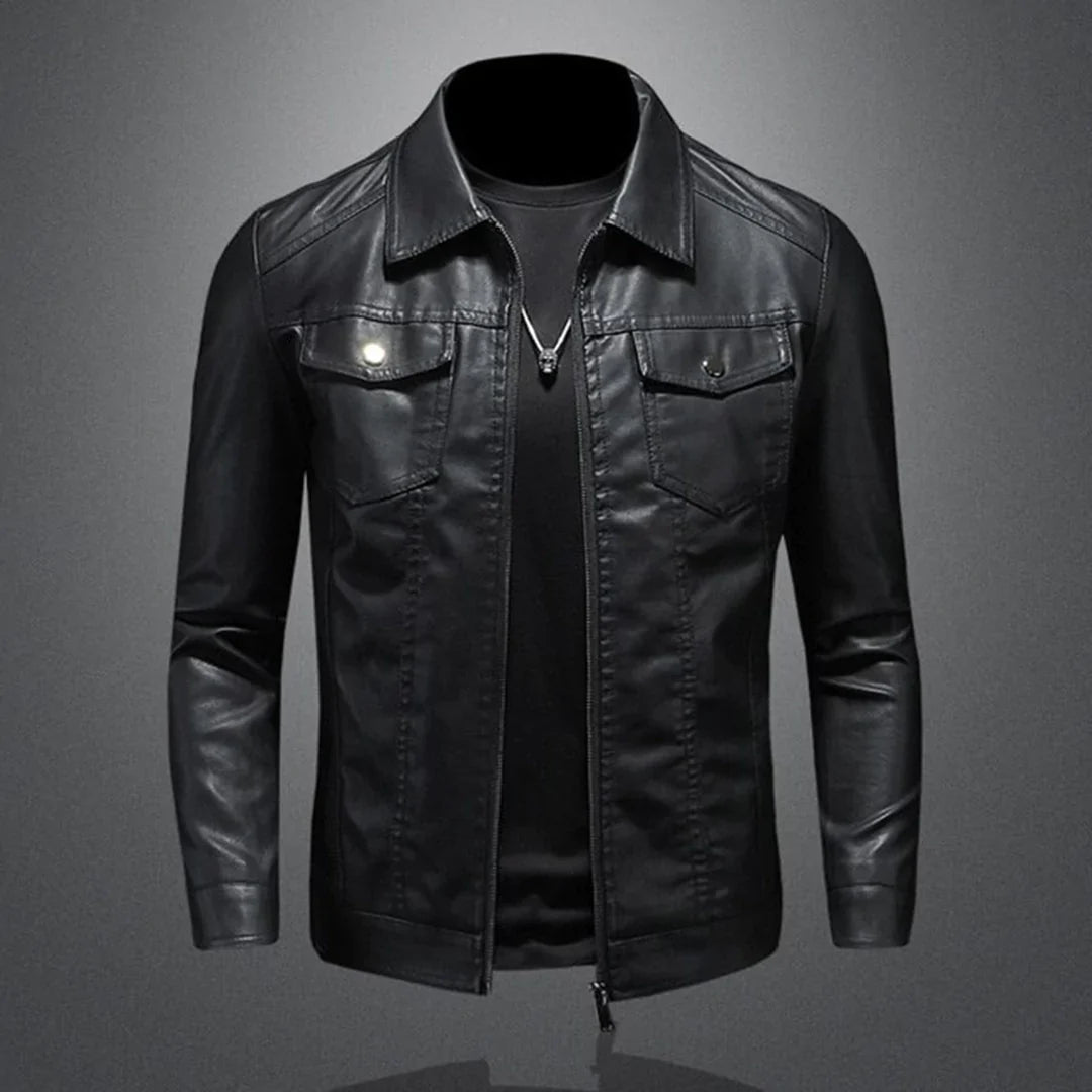 UrbanEdge Men's Black Leather Jacket - Tailored Fit with Zippered Pockets-3