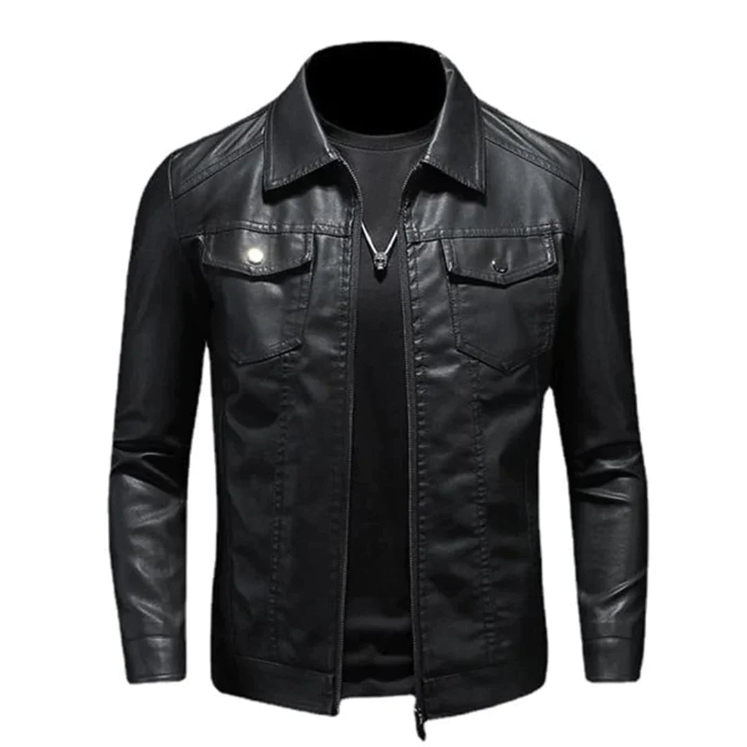 UrbanEdge Men's Black Leather Jacket - Tailored Fit with Zippered Pockets-1