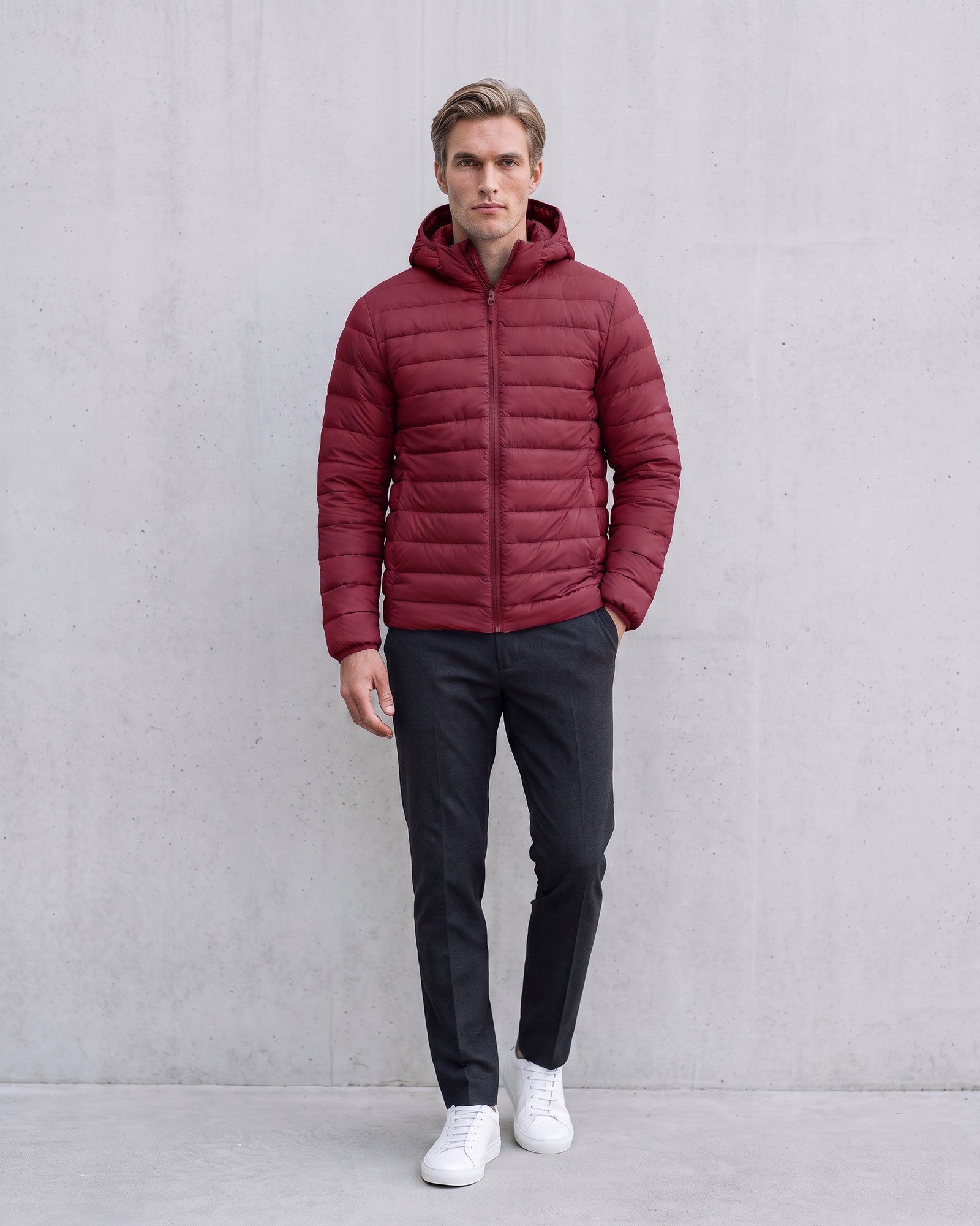 Men's Stylish Padded Puffer Jacket Ultimate Warmth on model - Red