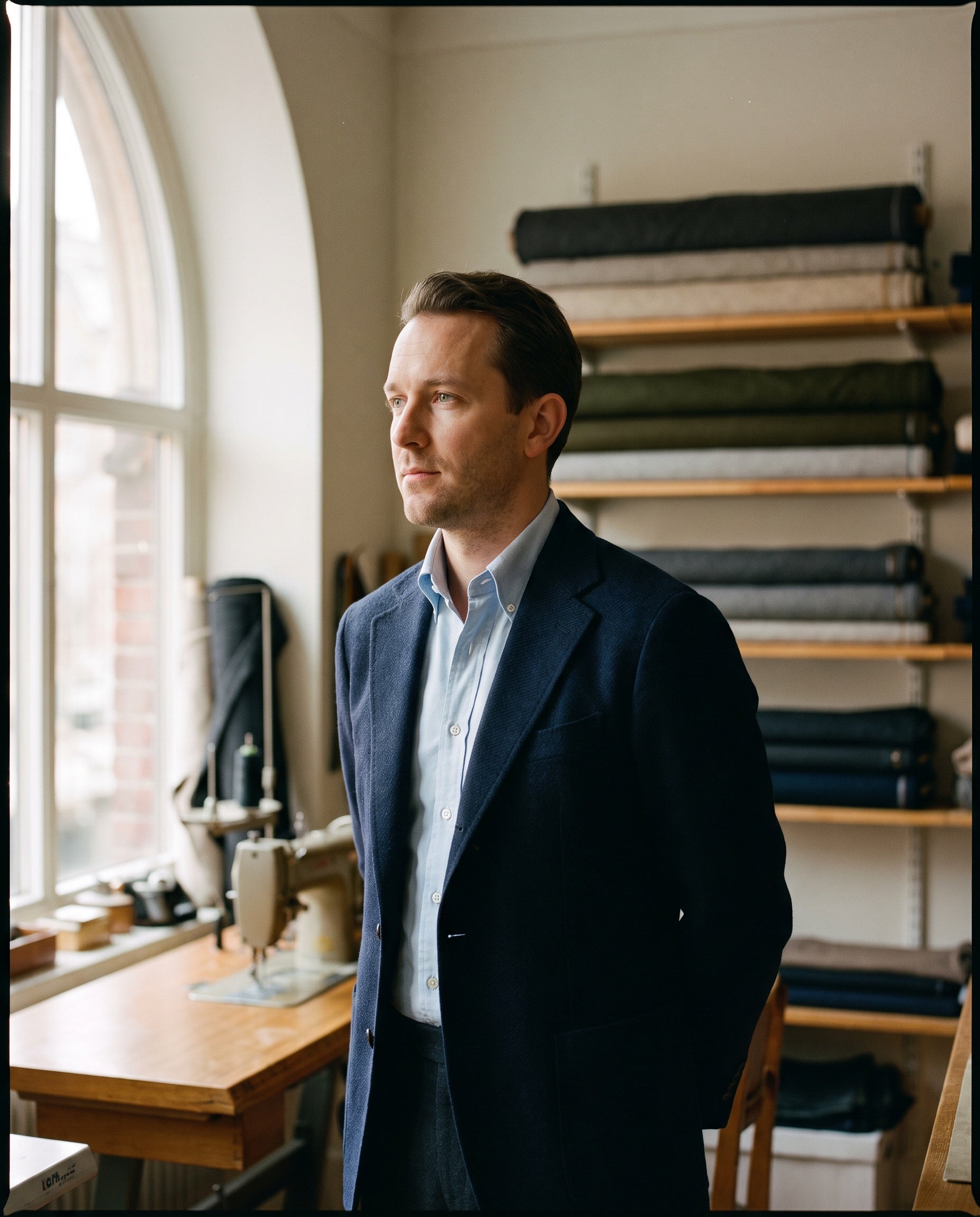Man in a navy wool blazer and blue oxford shirt in a tailoring atelier