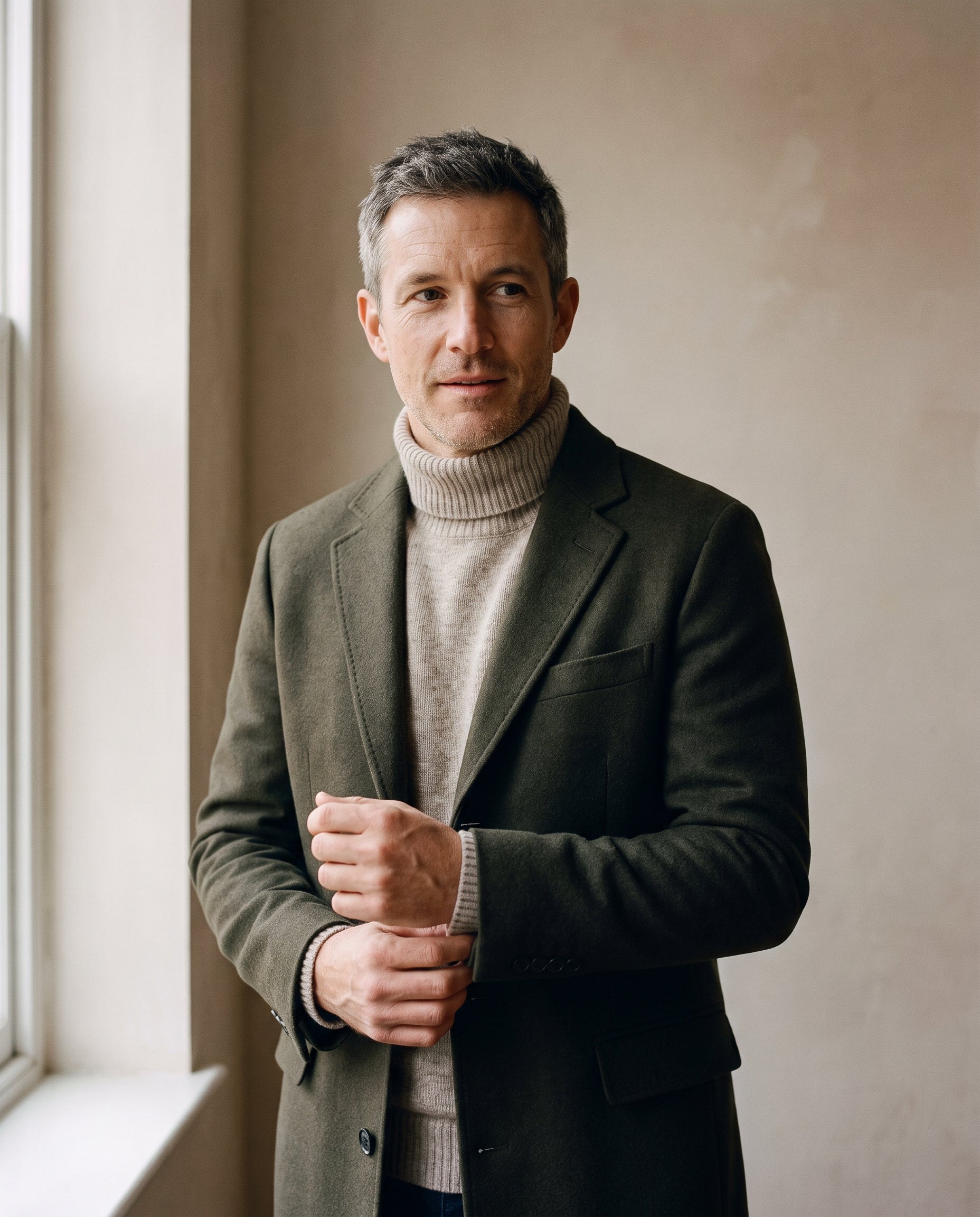 Man in an olive wool overcoat over an oatmeal roll neck jumper