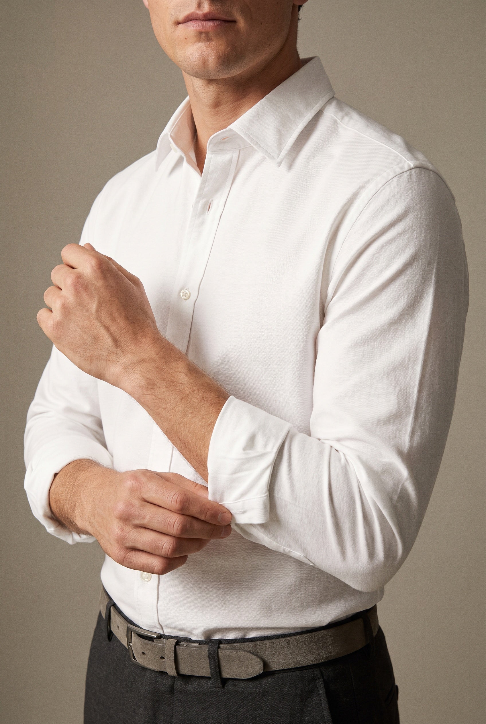 Mens white cotton oxford shirt with rolled sleeves, Belvenii shirts collection