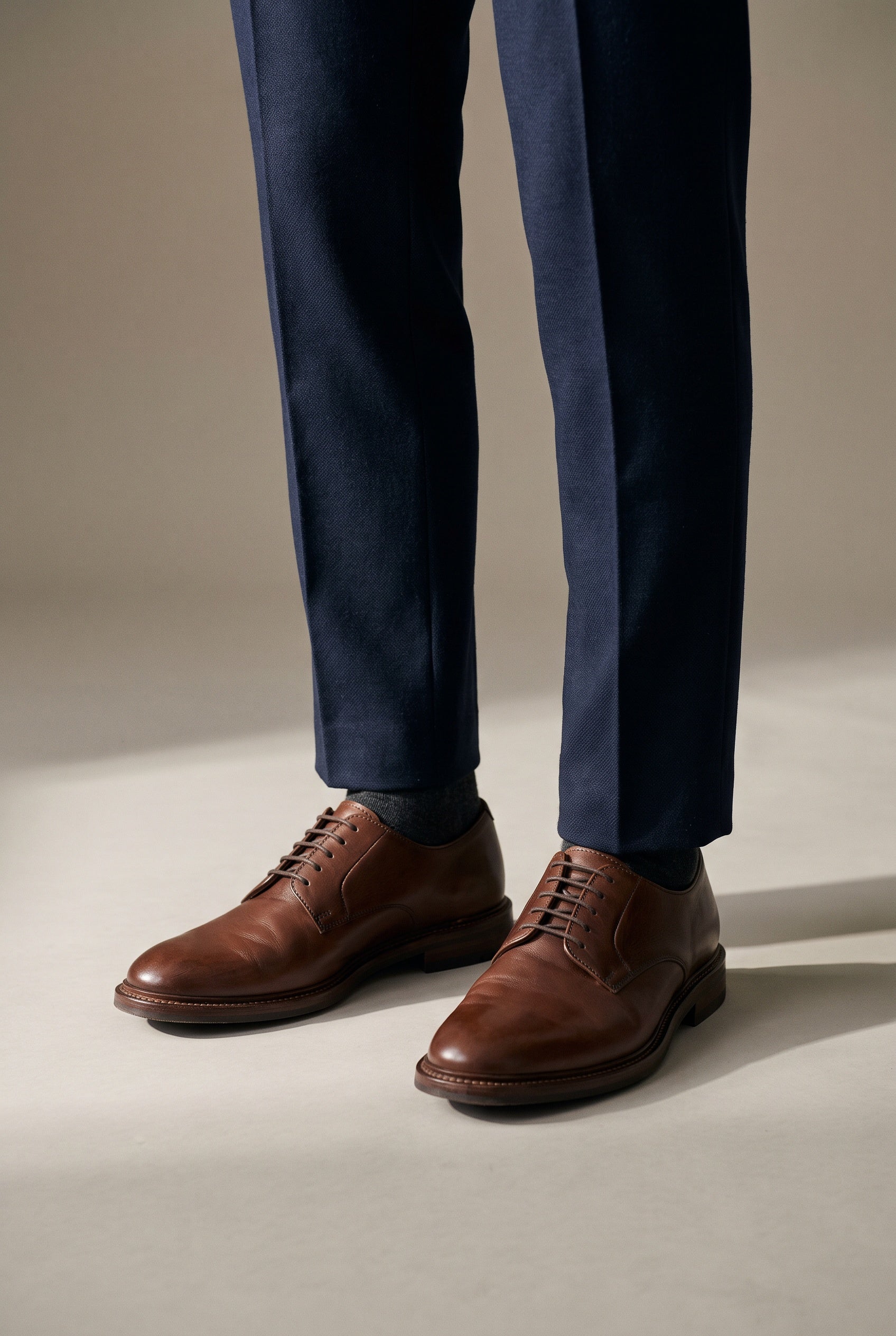 Mens polished brown leather derby shoes with navy trousers, Belvenii shoes collection
