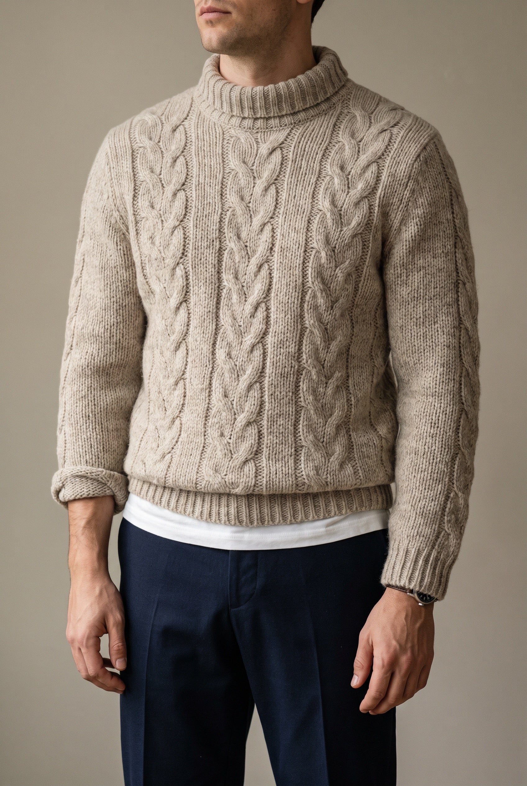 Mens oatmeal cable knit wool jumper, Belvenii tops and sweaters collection