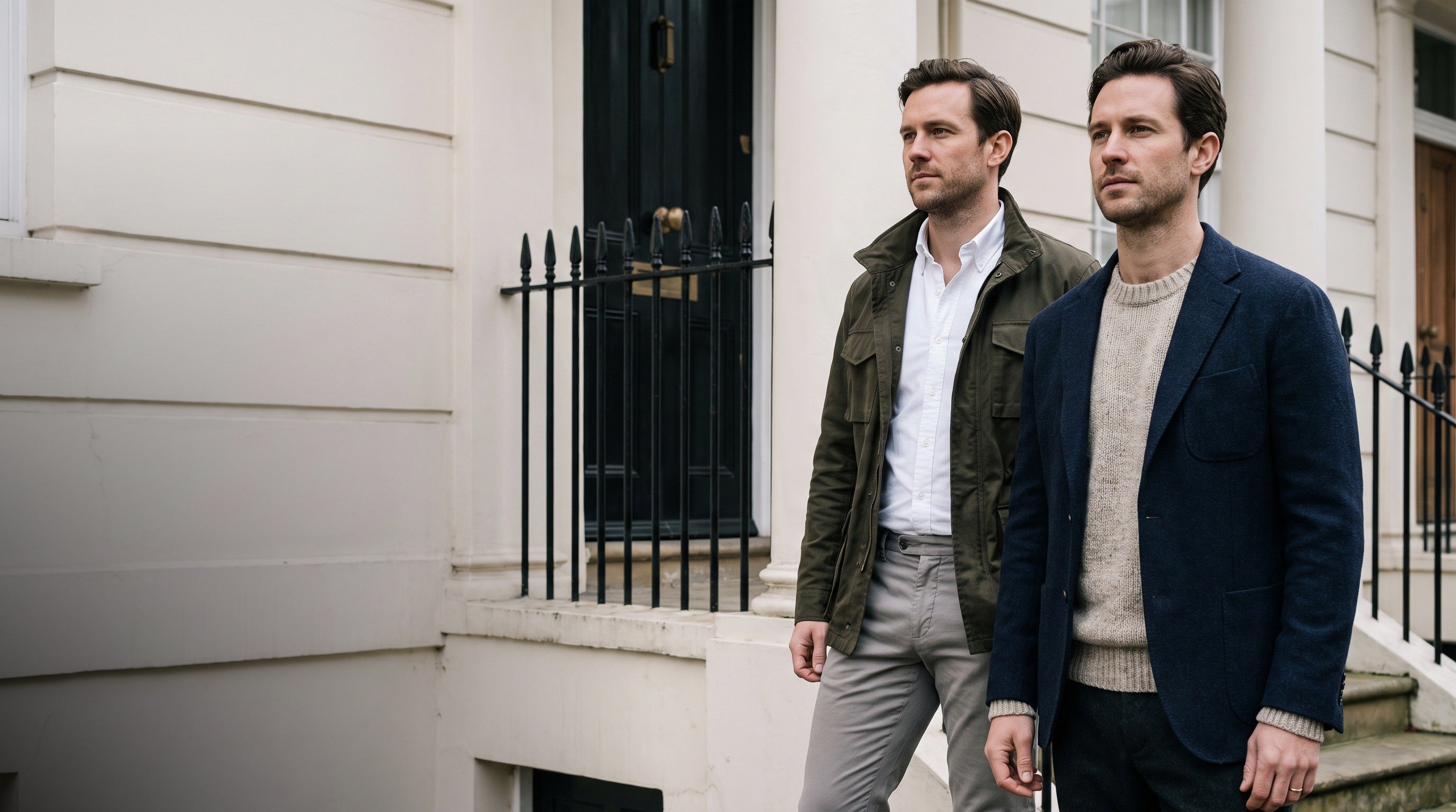 Belvenii menswear hero: two men in smart casual outerwear on a London townhouse street