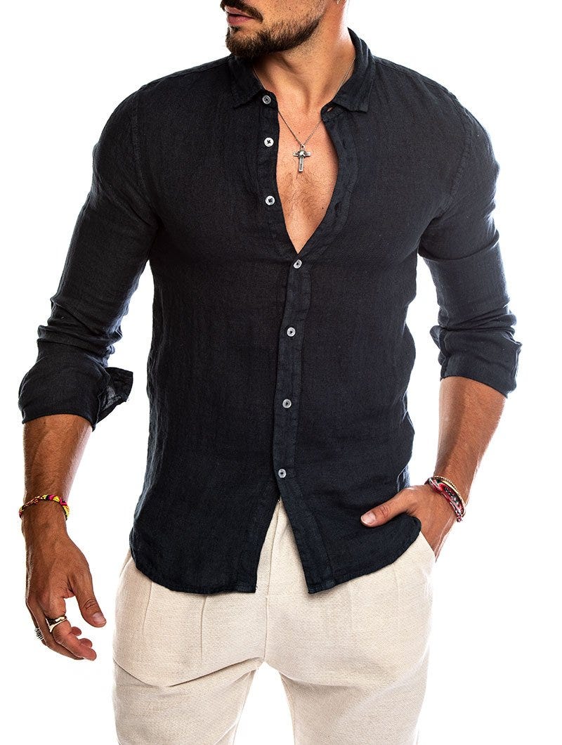 Variant image for Stylish Men's Linen Shirt - Slim Fit, French Collar, White-10